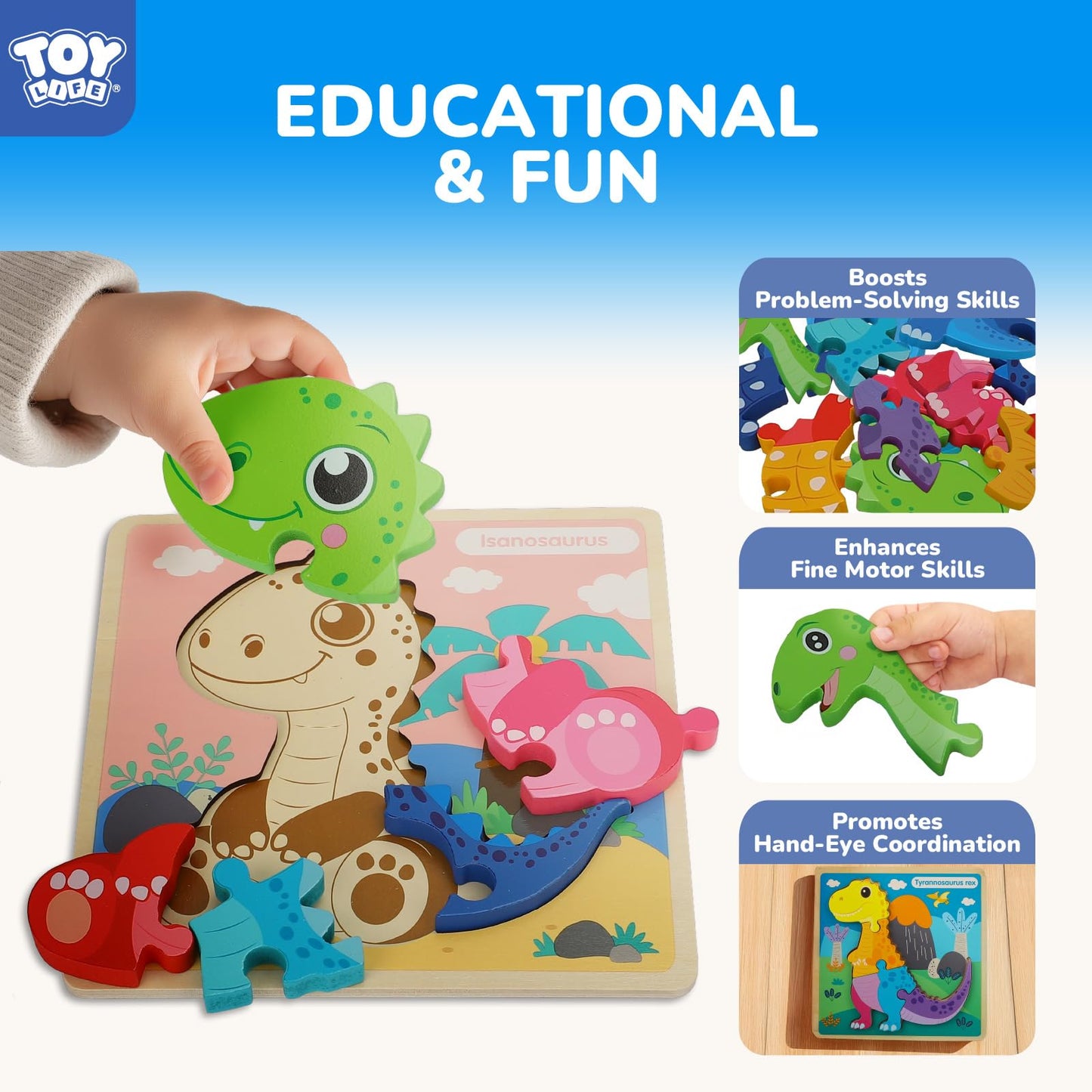 TOY Life Wooden Puzzles for Toddlers – 6-Pack Dinosaurs Montessori Toy for 1-4 Year Olds