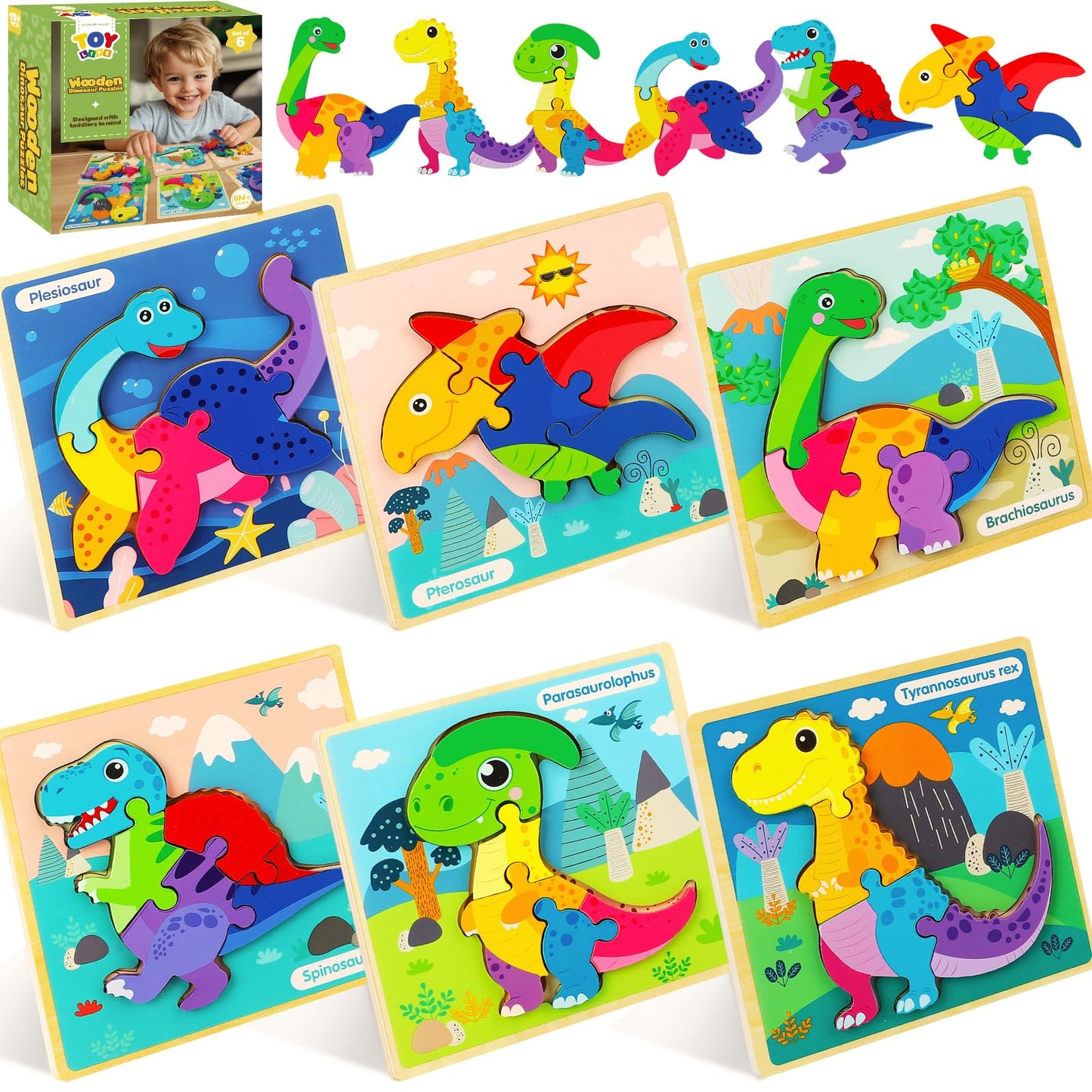 TOY Life Wooden Puzzles for Toddlers – 6-Pack Dinosaurs Montessori Toy for 1-4 Year Olds
