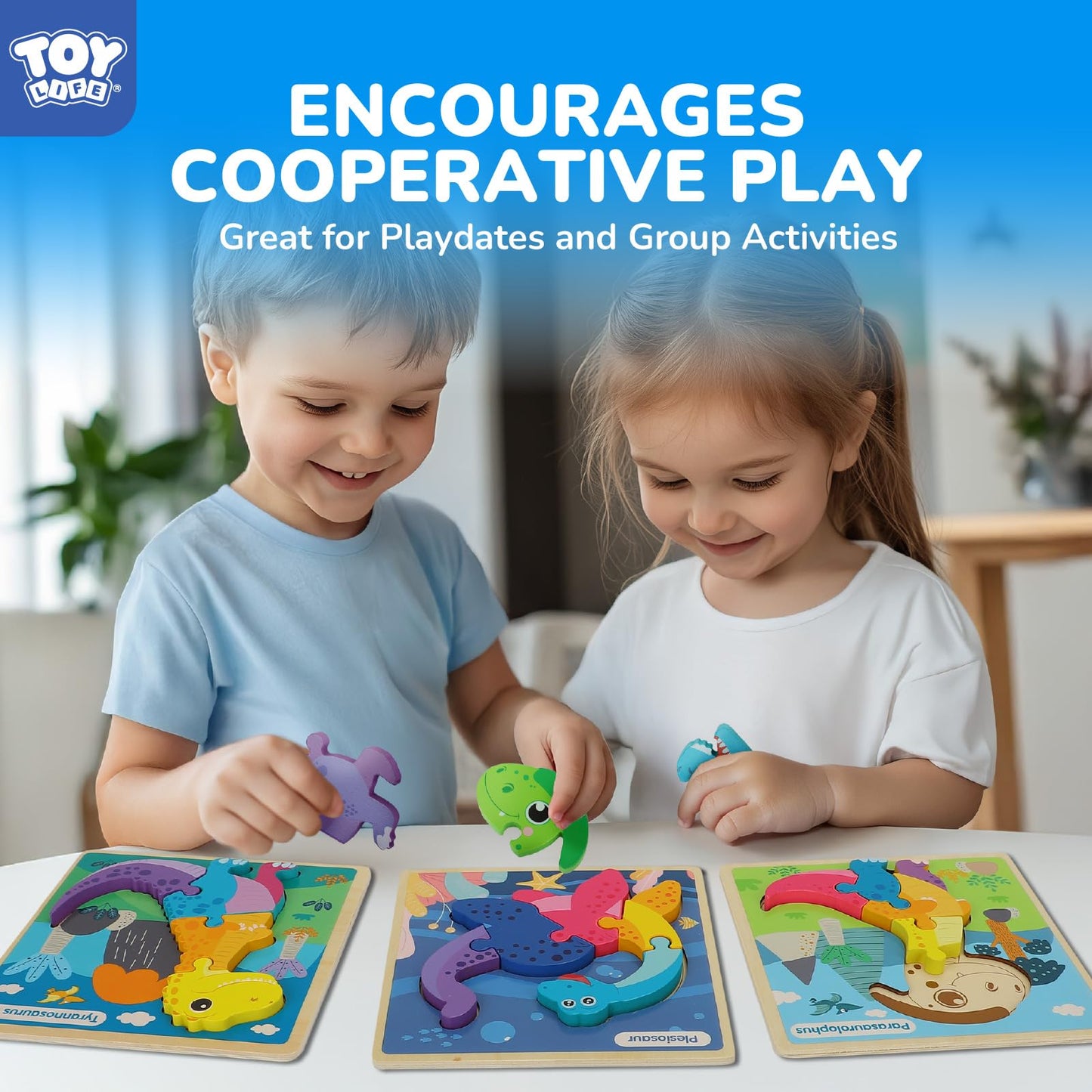 TOY Life Wooden Puzzles for Toddlers – 6-Pack Dinosaurs Montessori Toy for 1-4 Year Olds