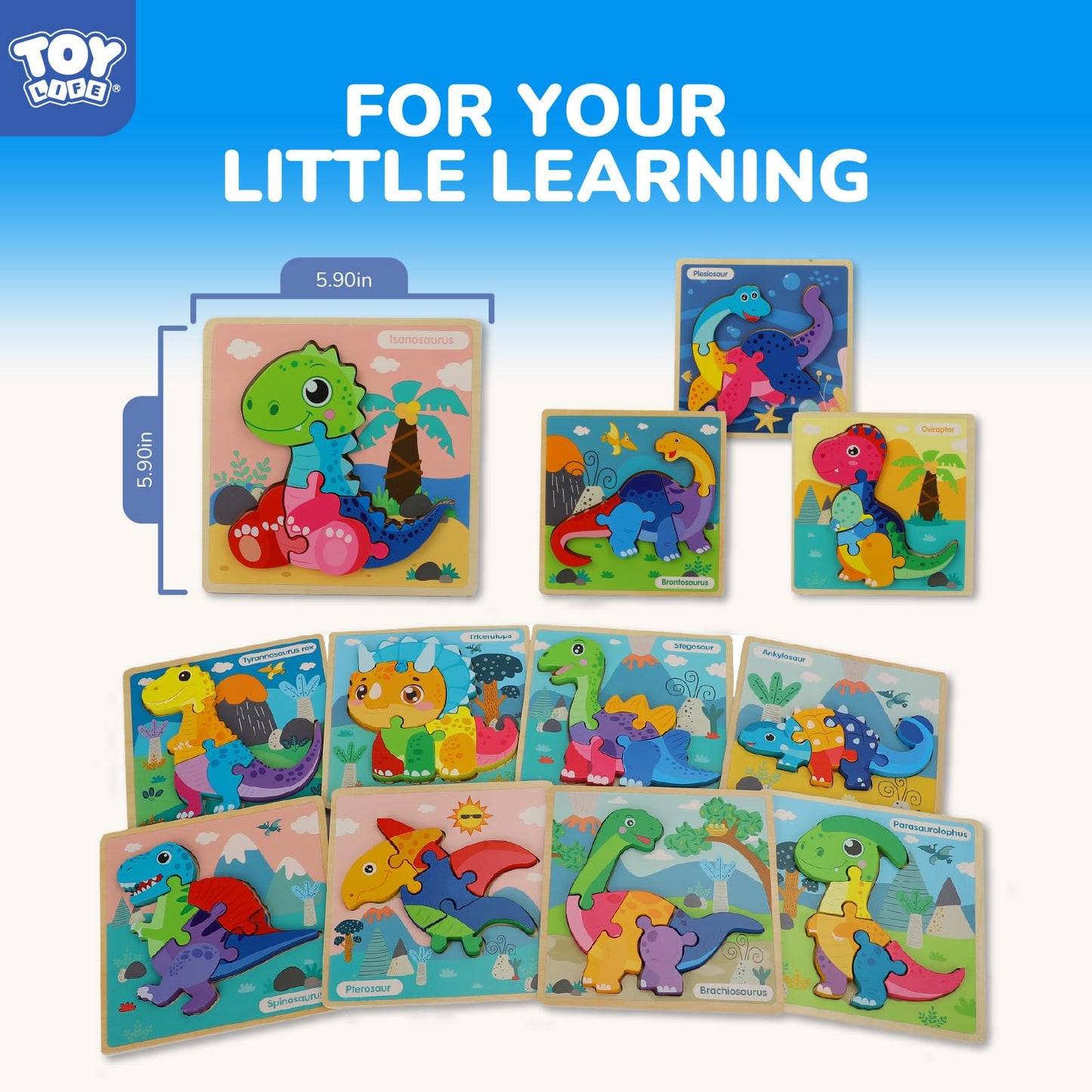 TOY Life Wooden Dinosaur Puzzles – 12-Pack Montessori Toddler Toys (Ages 1-4)
