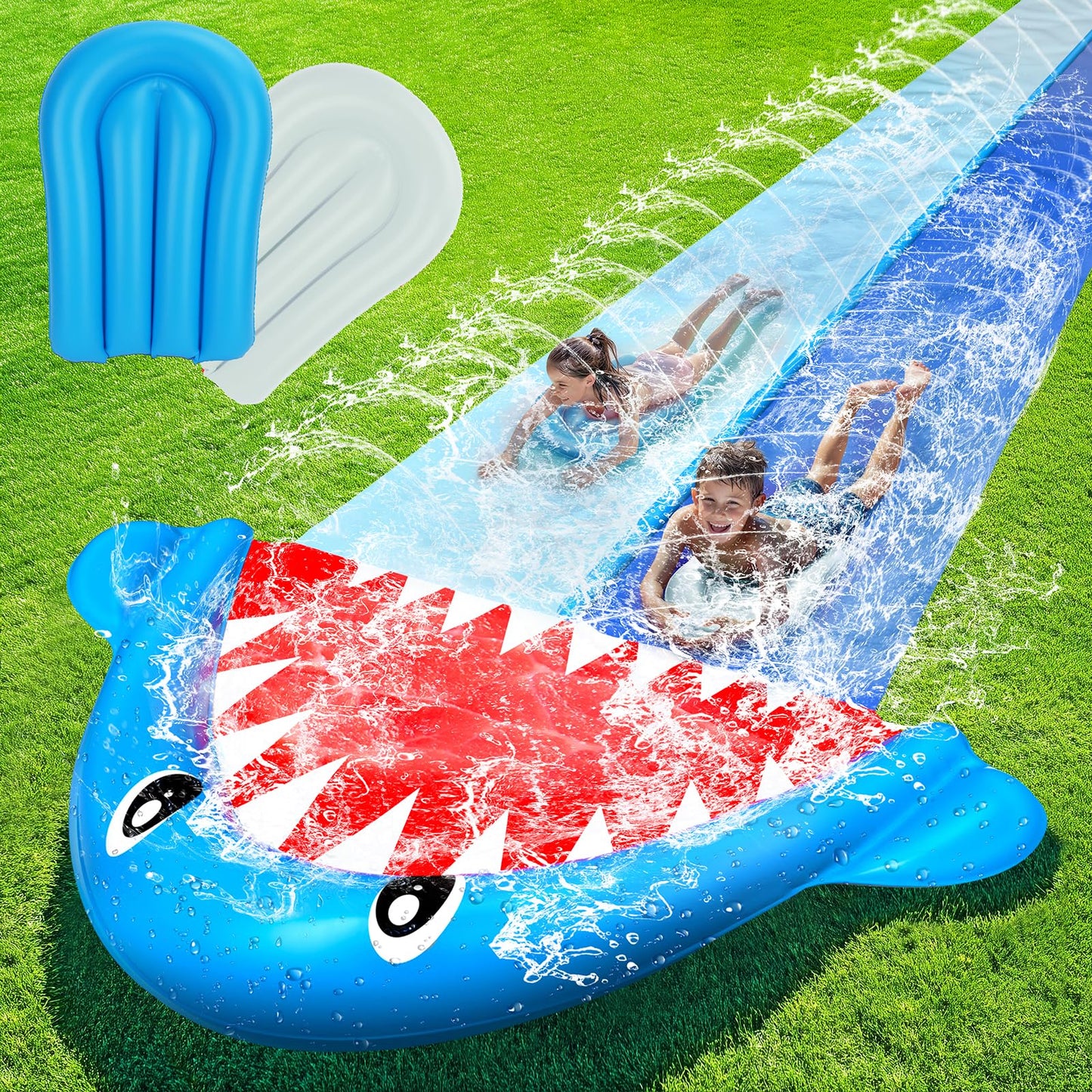 TOY Life Giant Shark Water Slide – 20ft Backyard Slip & Splash with Sprinklers (2 Bodyboards Included)