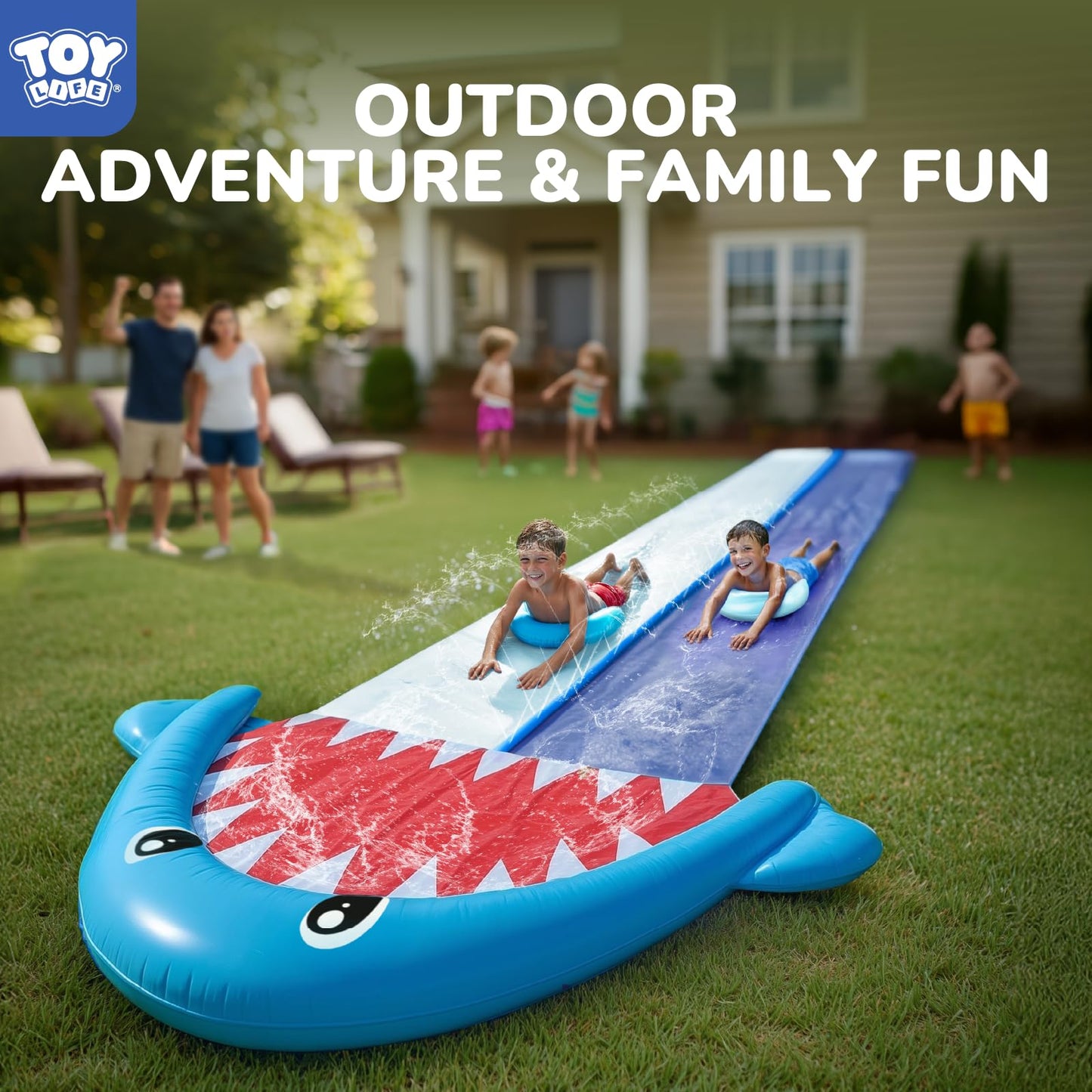 TOY Life Giant Shark Water Slide – 20ft Backyard Slip & Splash with Sprinklers (2 Bodyboards Included)