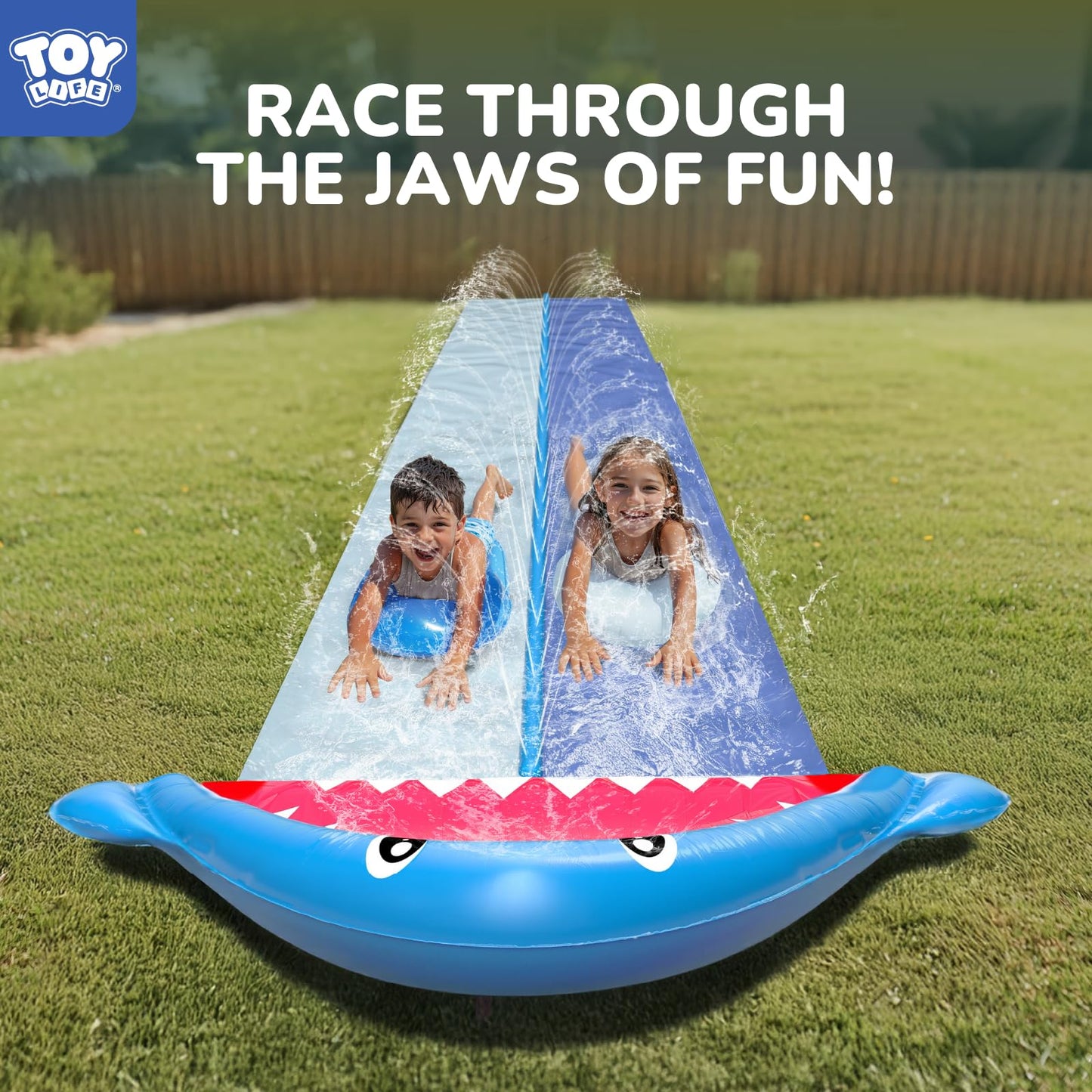 TOY Life Giant Shark Water Slide – 20ft Backyard Slip & Splash with Sprinklers (2 Bodyboards Included)