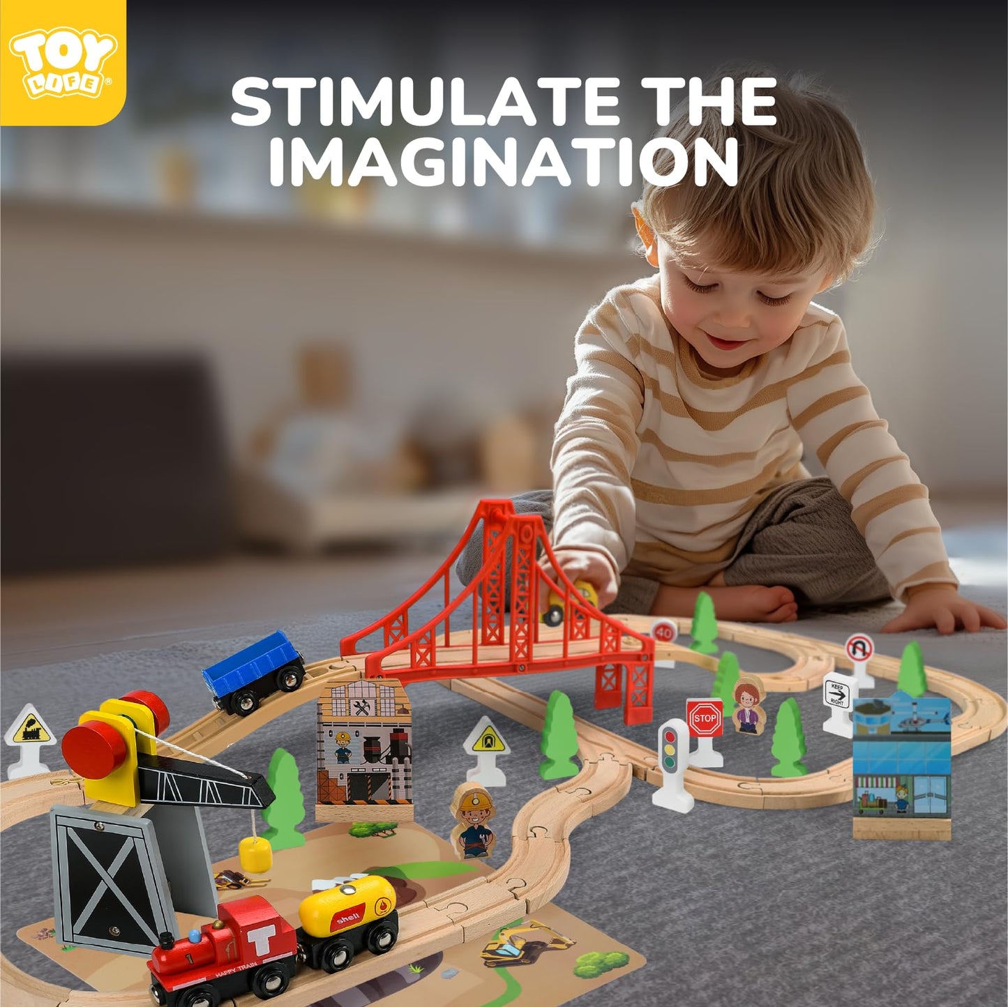 TOY Life Wooden Train Set 80pcs with Magnetic Crane – Compatible with Thomas & Brio