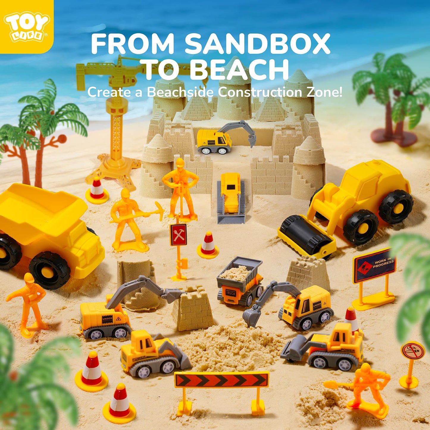 TOY Life 38 Pcs Sand Construction Kit with Foldable Sandbox, 2.2 lbs Magic Sand, Trucks & Castle Molds