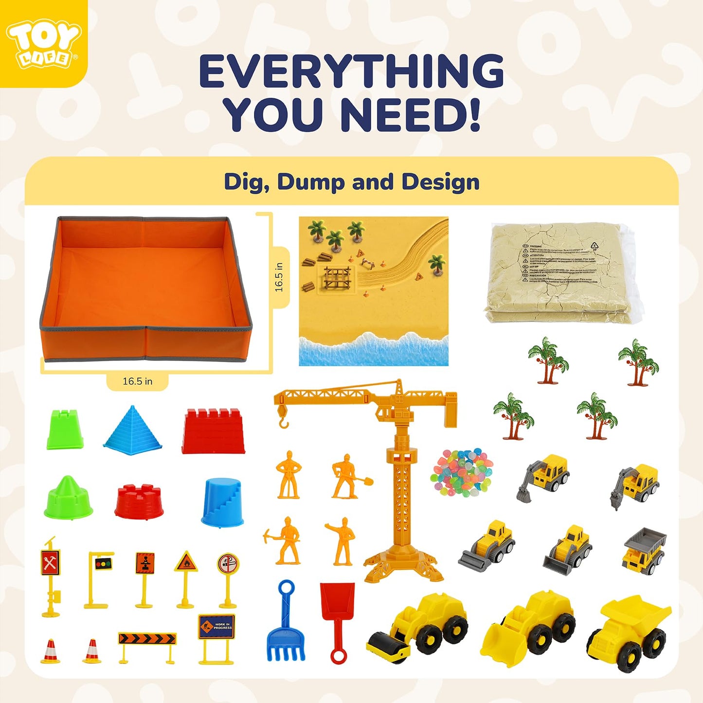 TOY Life 38 Pcs Sand Construction Kit with Foldable Sandbox, 2.2 lbs Magic Sand, Trucks & Castle Molds