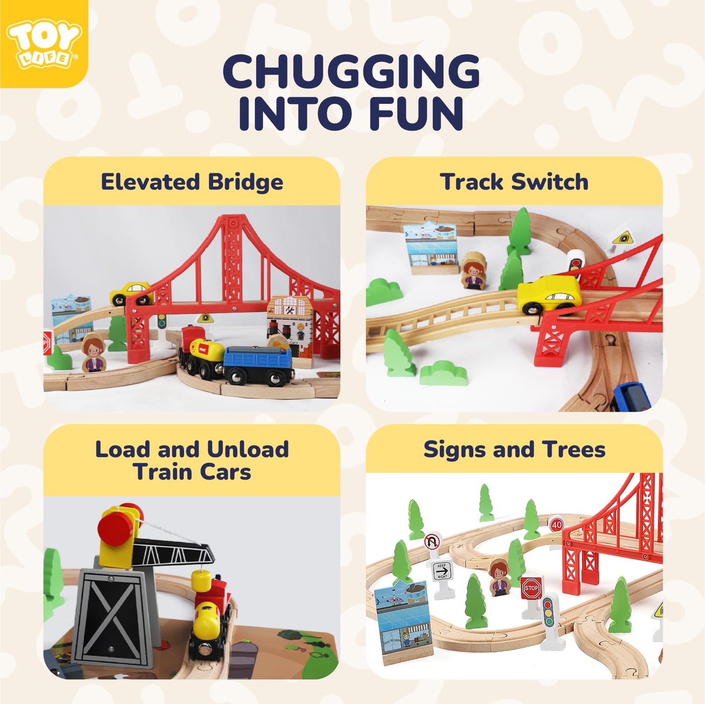 TOY Life Wooden Train Set 80pcs with Magnetic Crane – Compatible with Thomas & Brio
