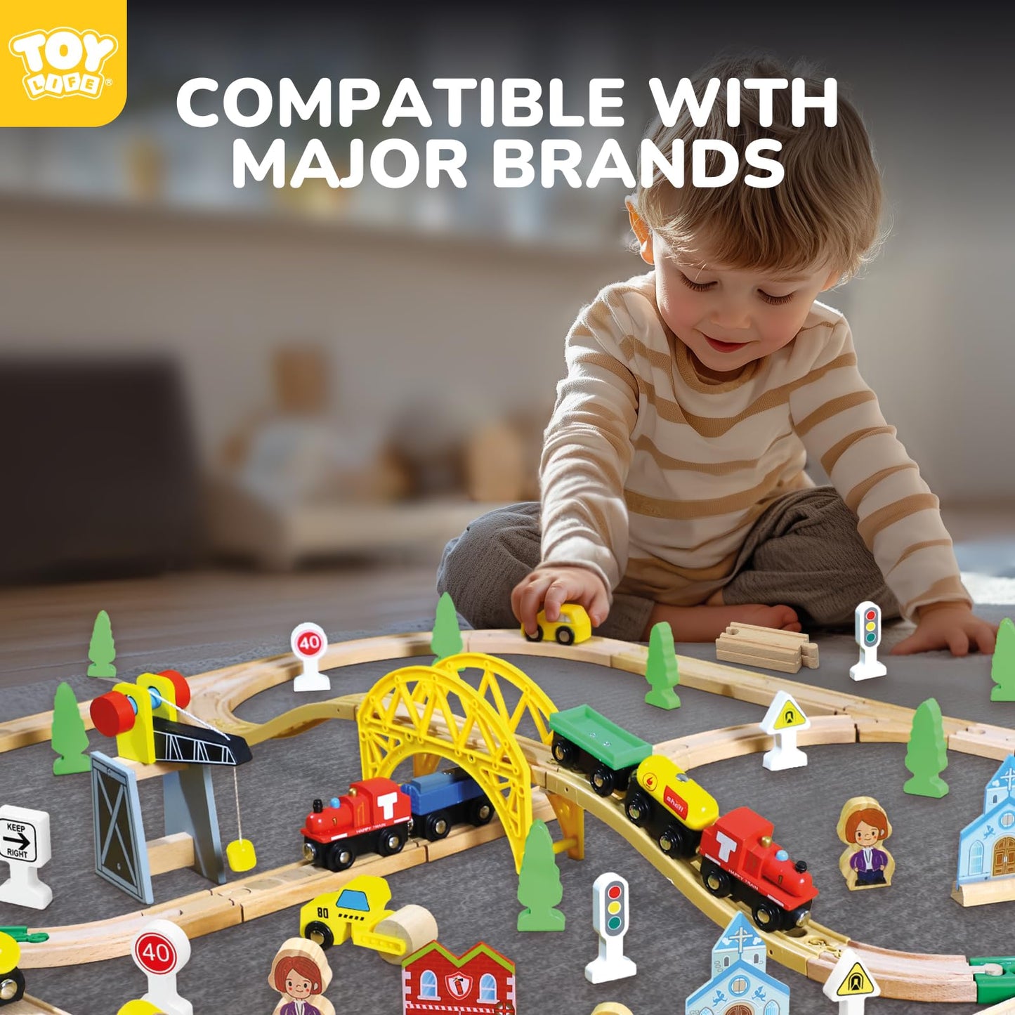 TOY Life Wooden Train Set 60pcs with Magnetic Crane – Compatible with Brio, Thomas & More