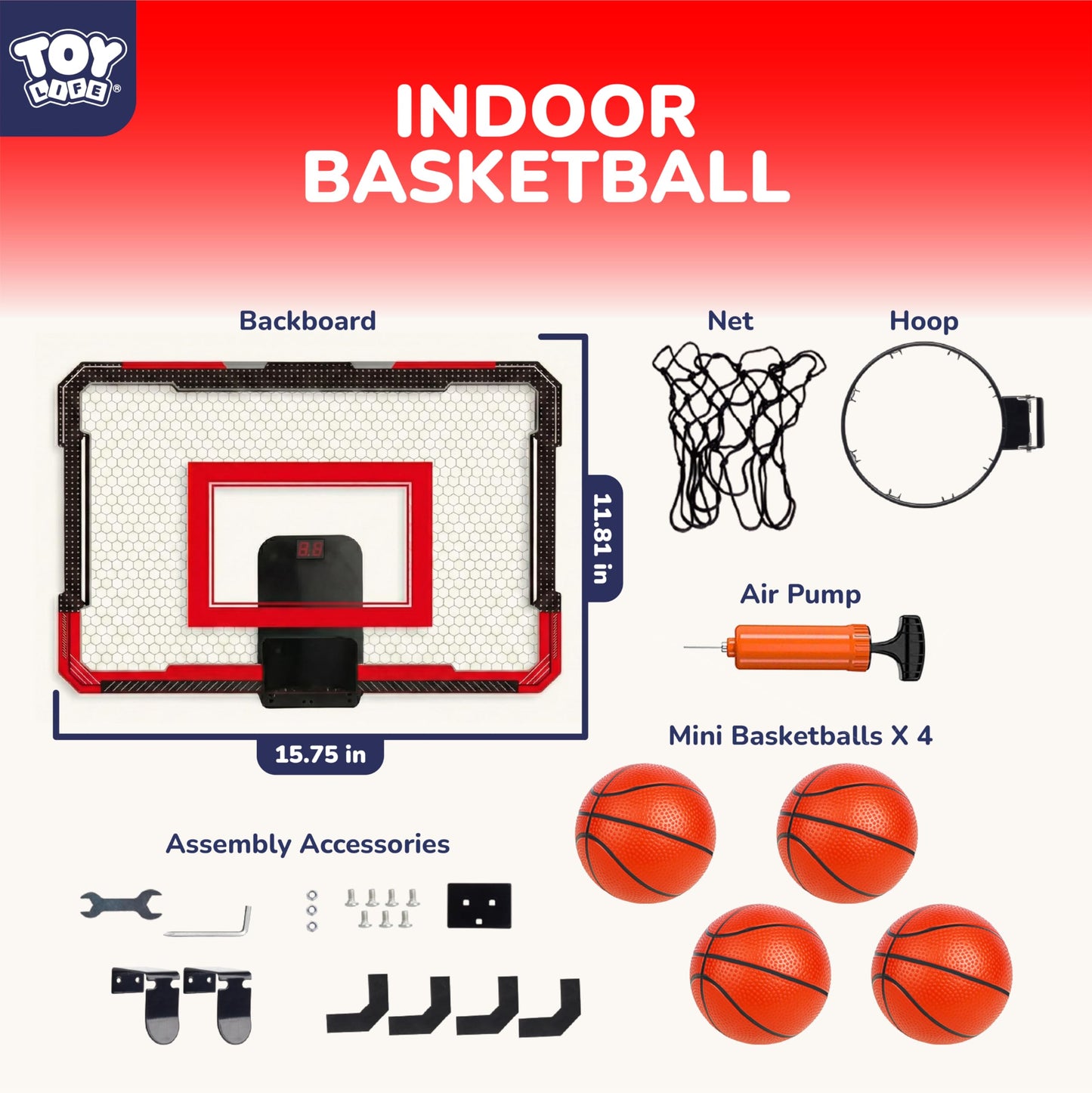 TOY Life Basketball Hoop Over The Door – Indoor Mini Hoop with 4 Balls