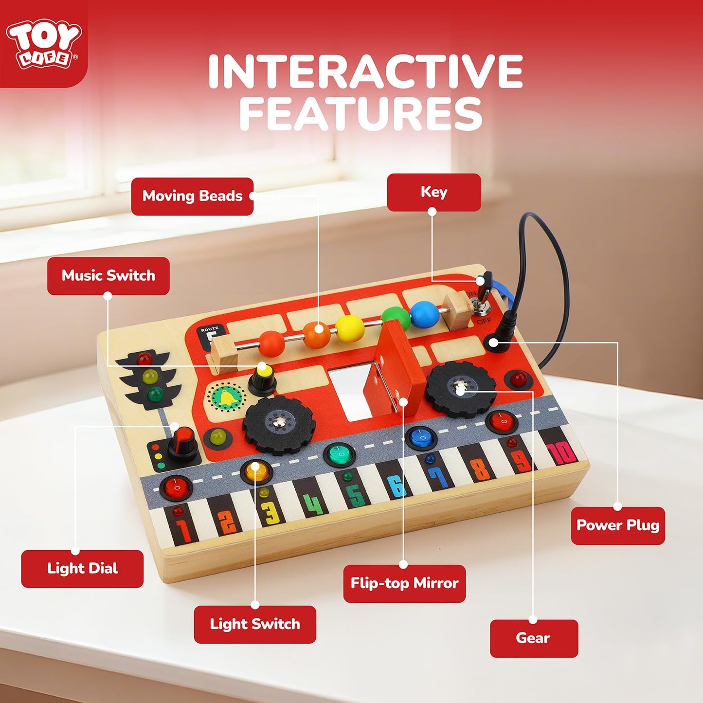 TOY Life Montessori Busy Board – Wooden Bus Sensory Toy with LED Switches
