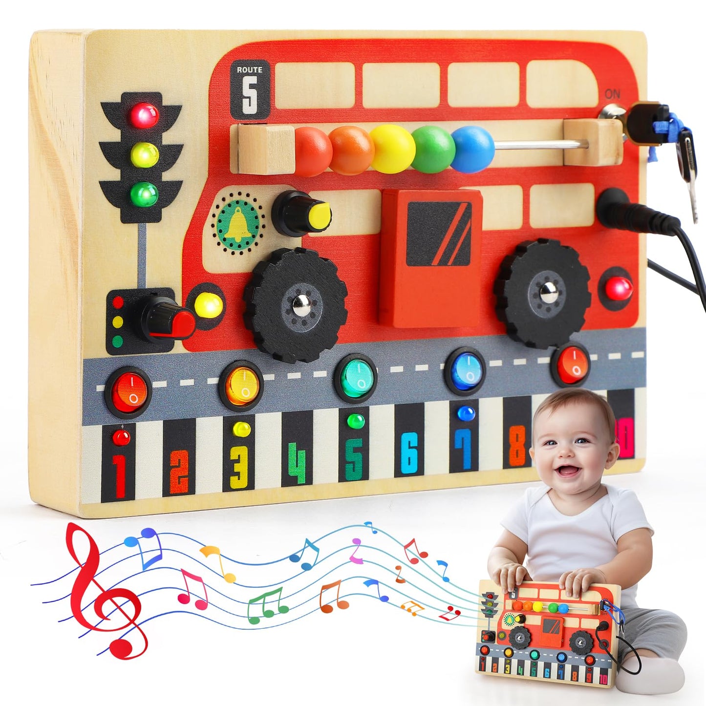 TOY Life Montessori Busy Board – Wooden Bus Sensory Toy with LED Switches