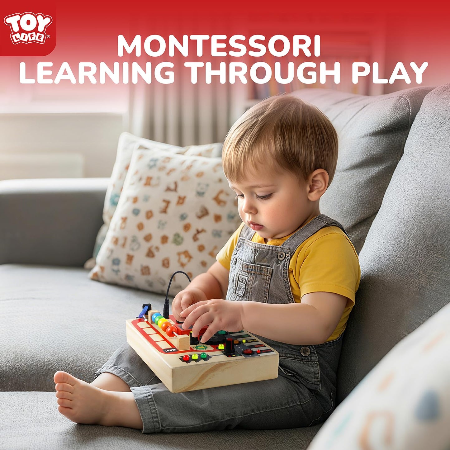 TOY Life Montessori Busy Board – Wooden Bus Sensory Toy with LED Switches