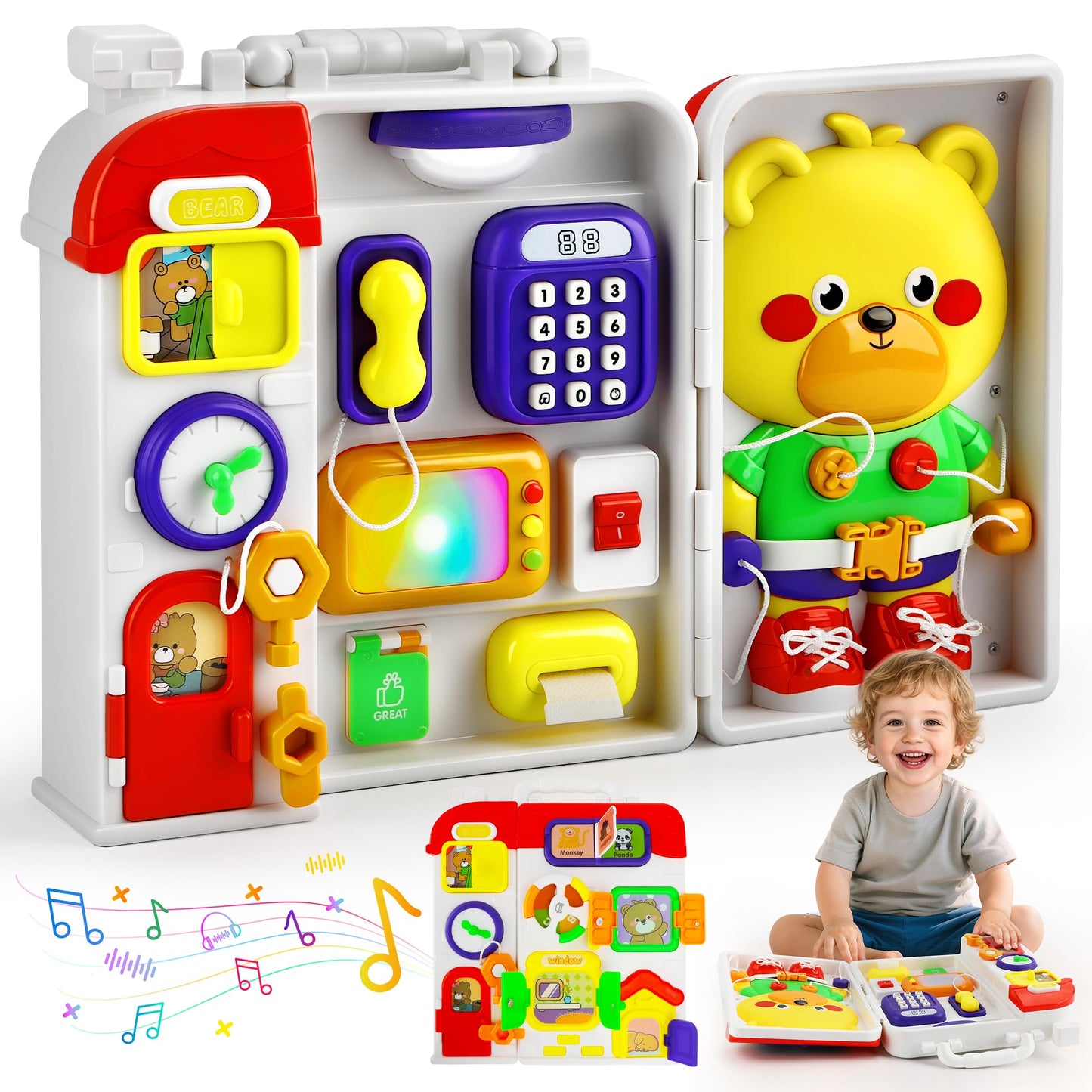 TOY Life Montessori Busy Board - 20-in-1 Musical Toddler Toy for 12-36 Months