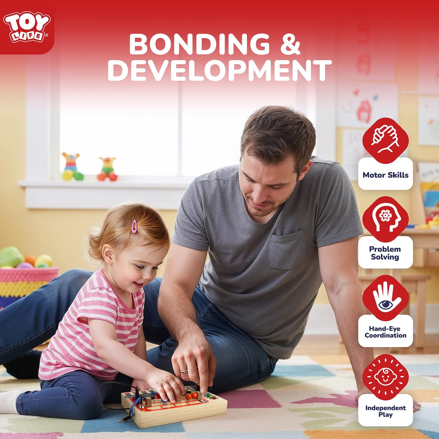 TOY Life Montessori Busy Board – Wooden Bus Sensory Toy with LED Switches