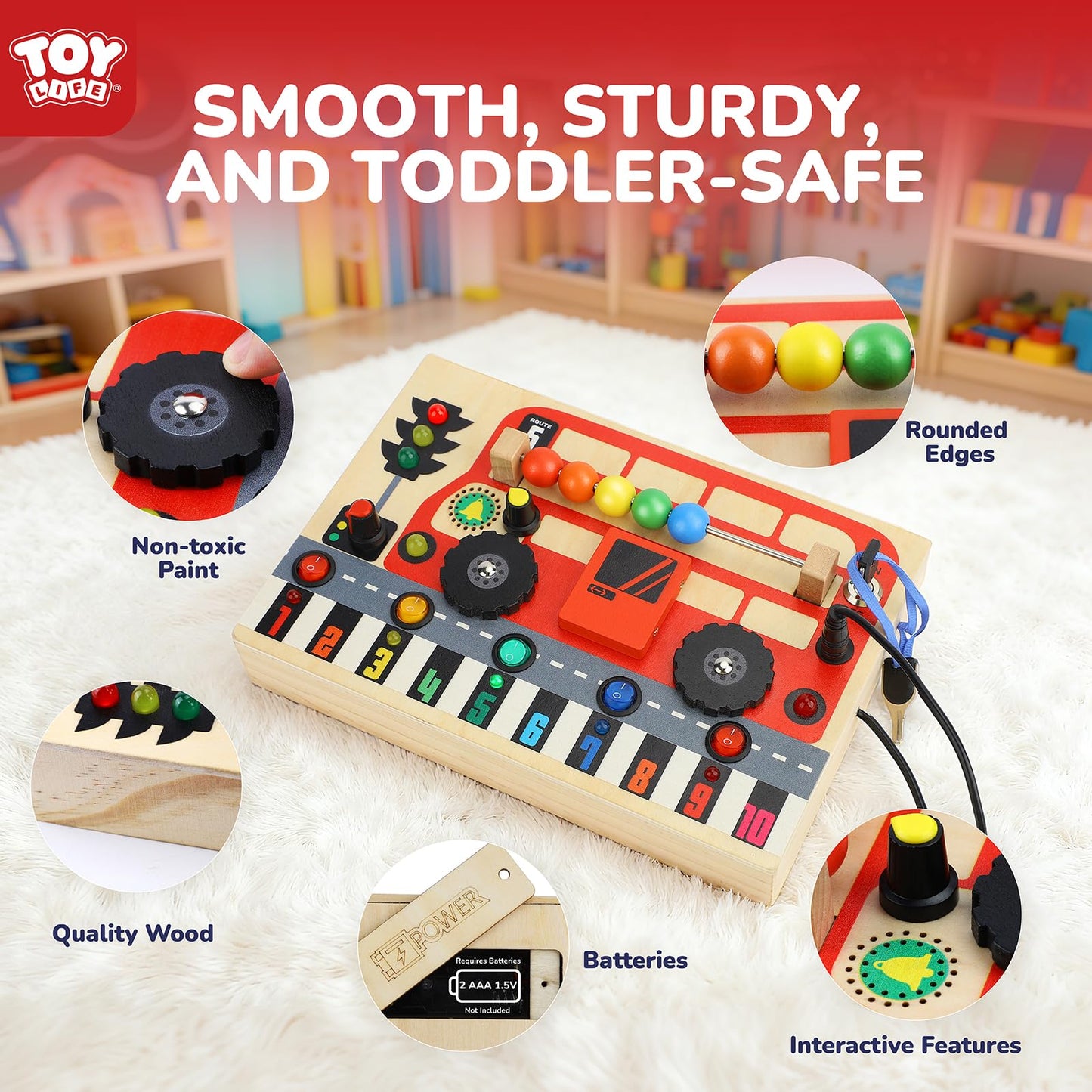 TOY Life Montessori Busy Board – Wooden Bus Sensory Toy with LED Switches