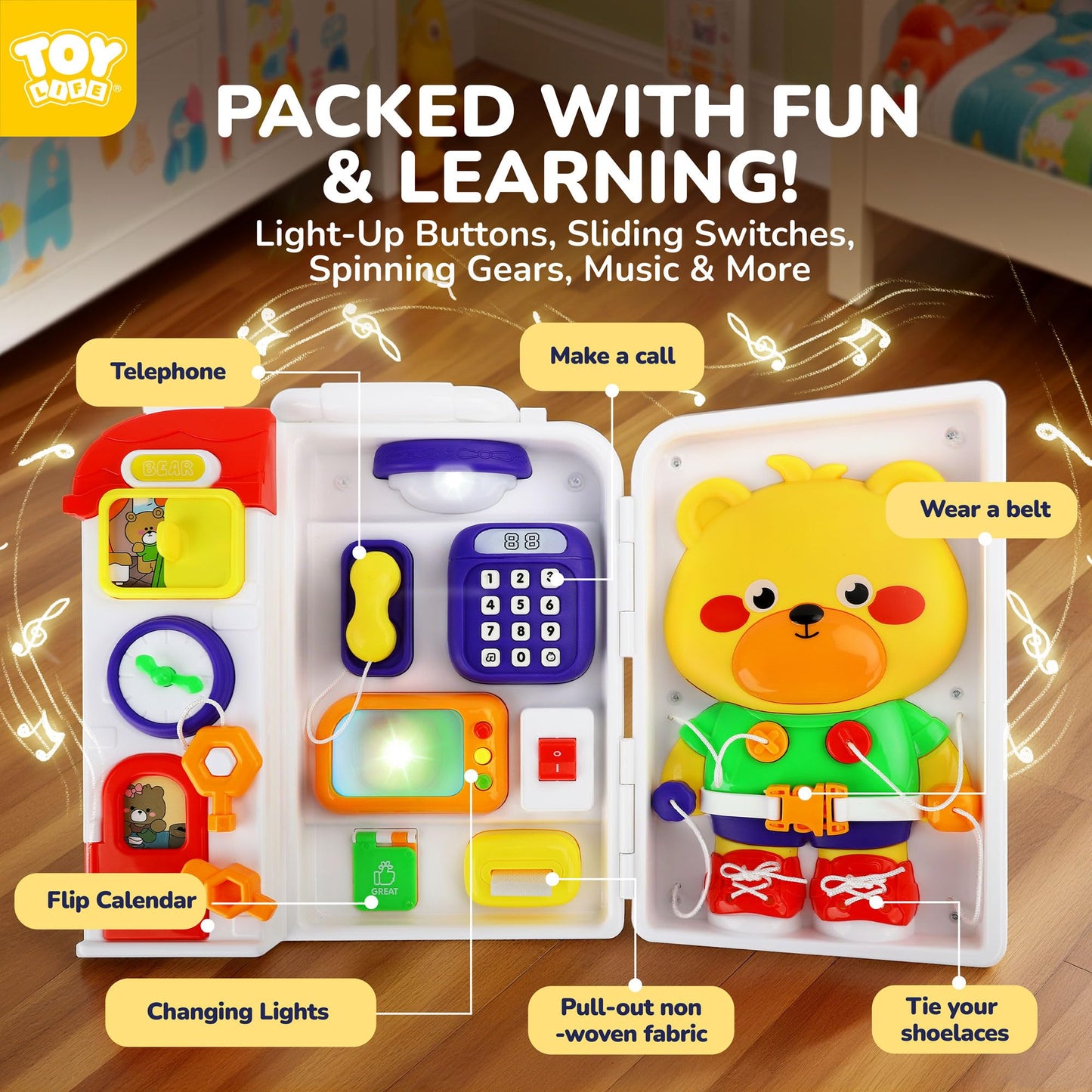 TOY Life Montessori Busy Board - 20-in-1 Musical Toddler Toy for 12-36 Months