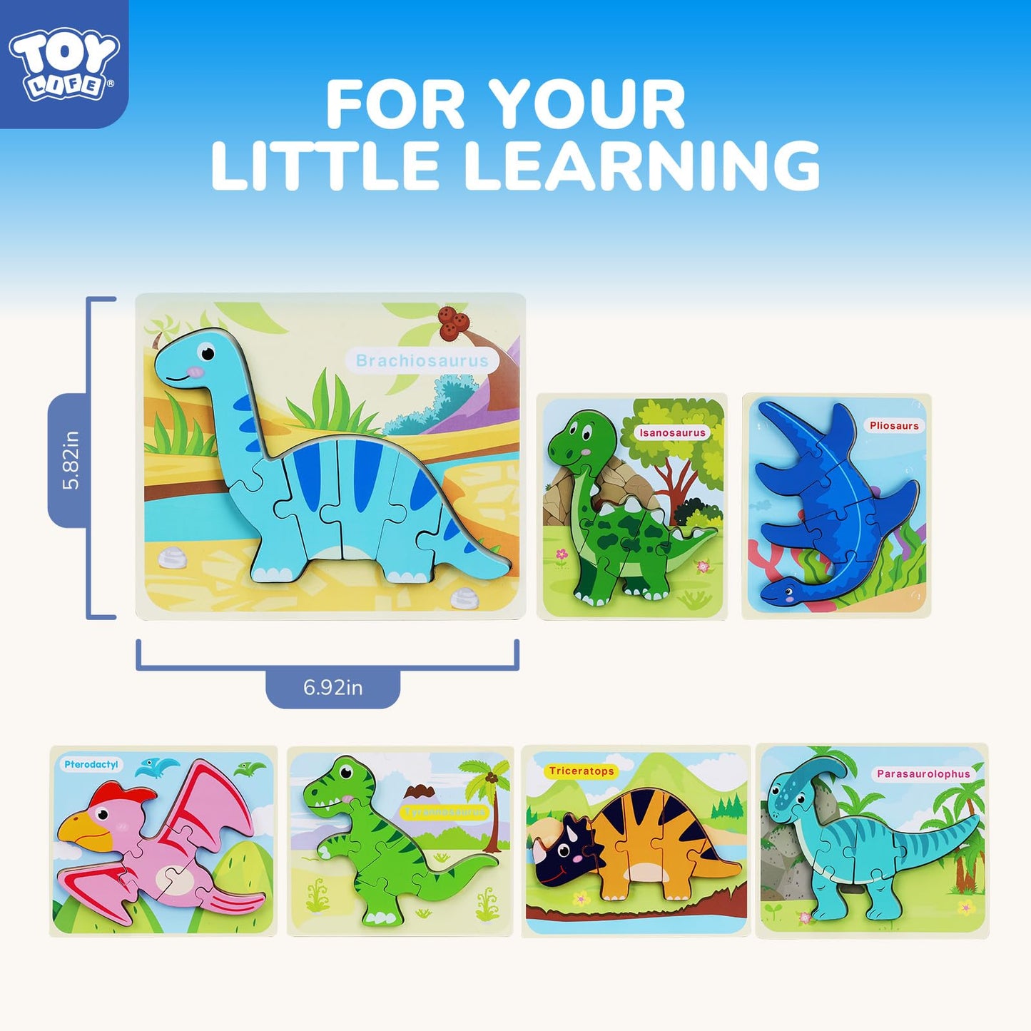 TOY Life 7-Piece Dinosaur Wooden Puzzles for Toddlers | Ages 2-5 | Educational Toys