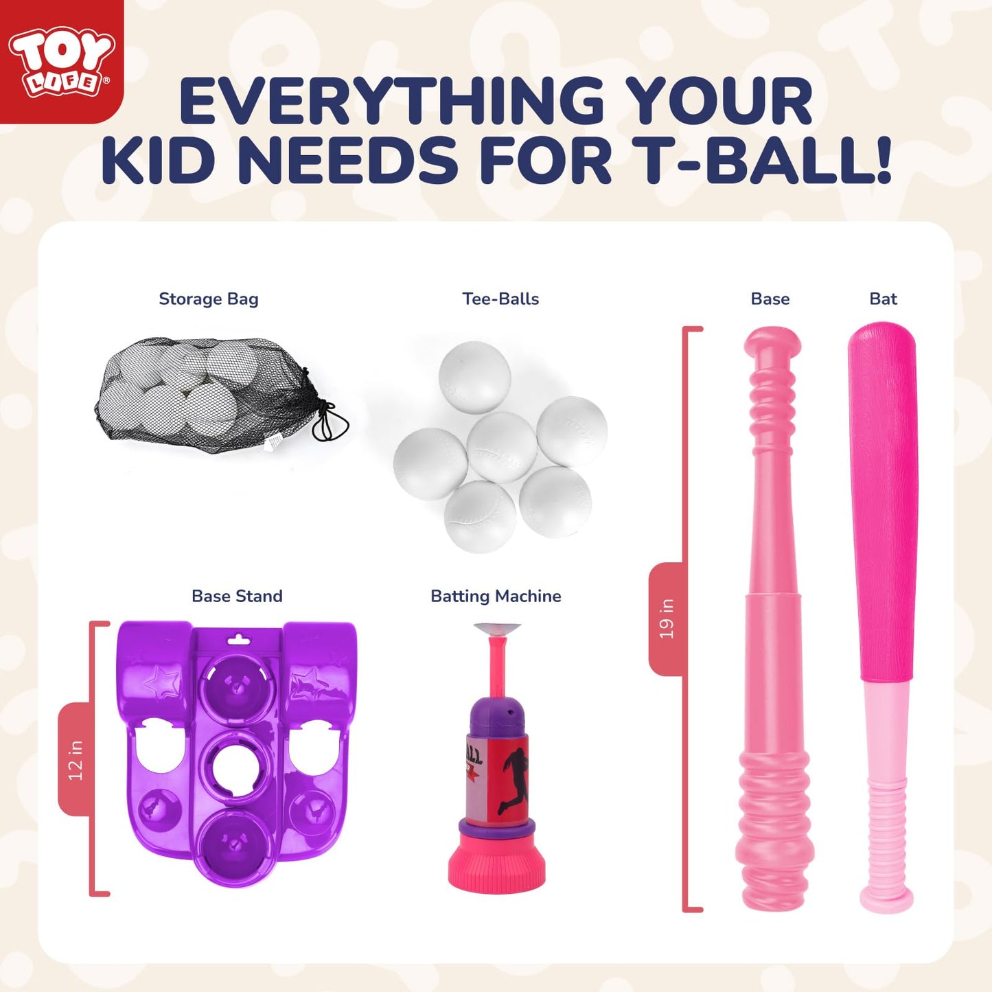 TOY Life T Ball Set for Kids 3-5 | Tee Ball with Launcher & 6 Balls - Pink