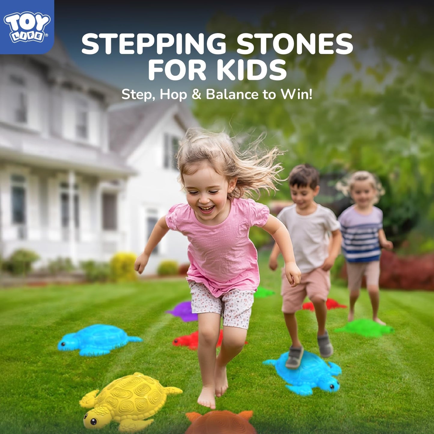 TOY Life 10 Pcs Turtle Balance Stepping Stones for Kids 4-8 – Indoor Outdoor Safari Game with Cards and Spinner
