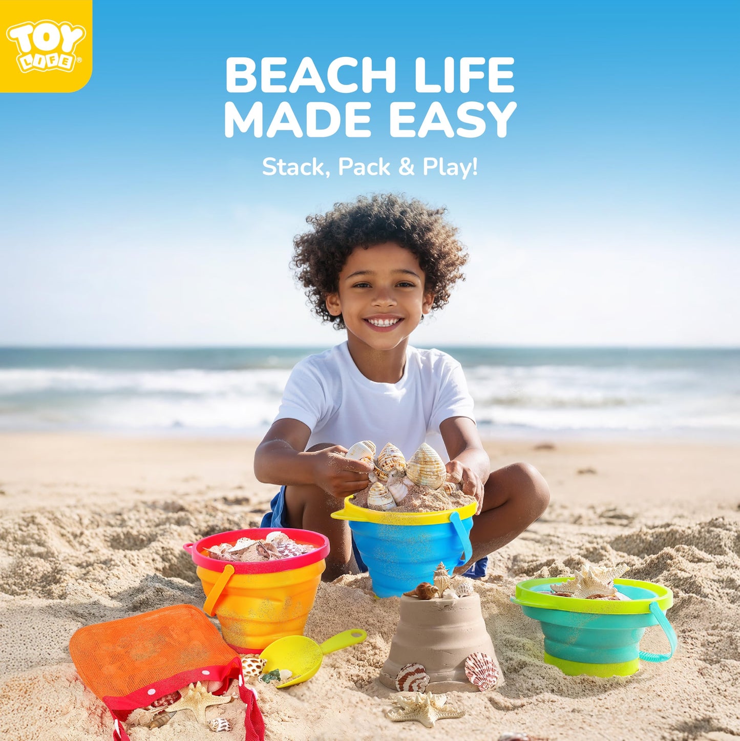 TOY Life Collapsible Beach Bucket Set – 3 Silicone Buckets, Shovels & Shell Bags