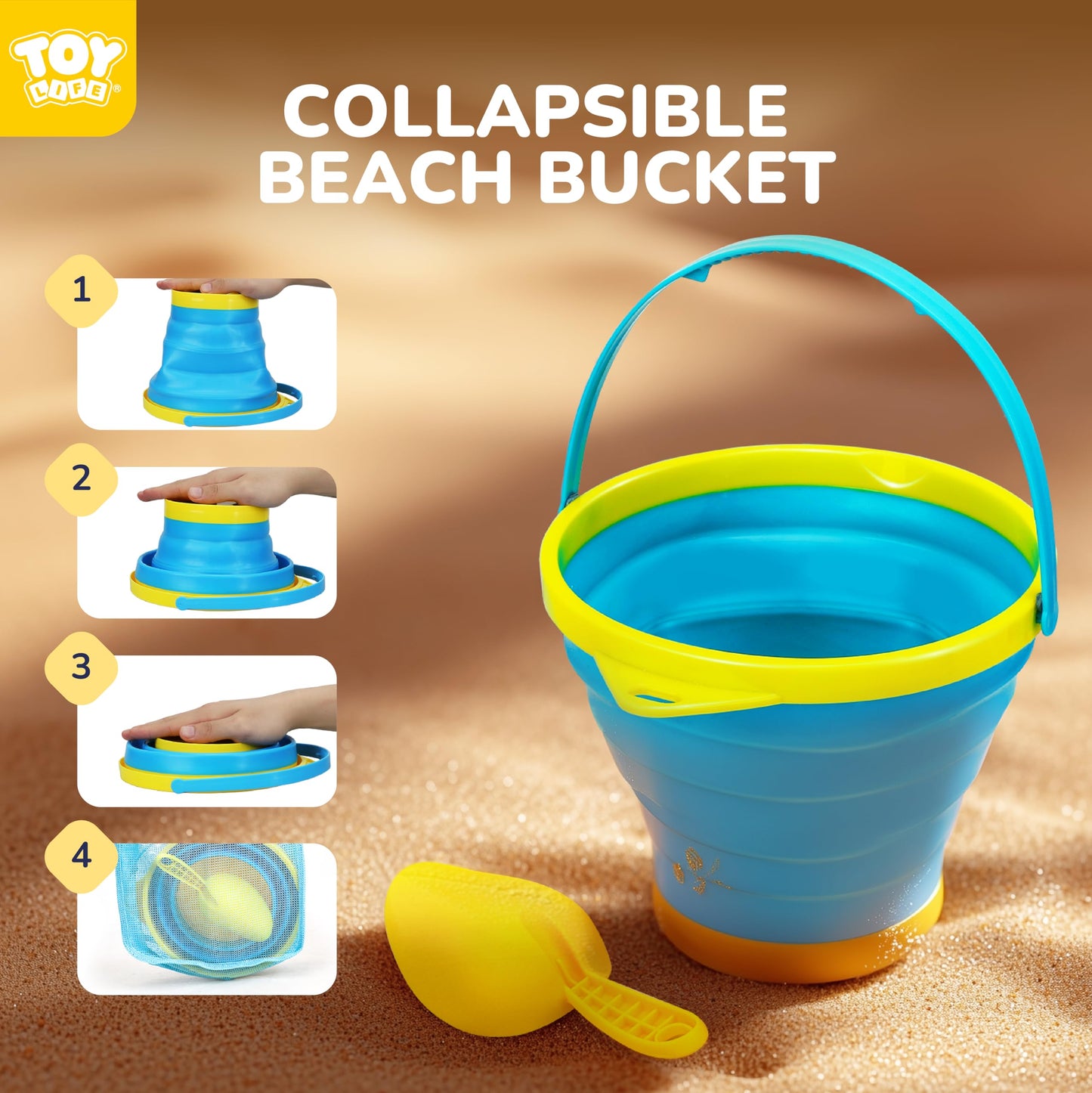 TOY Life Collapsible Beach Bucket Set – 3 Silicone Buckets, Shovels & Shell Bags