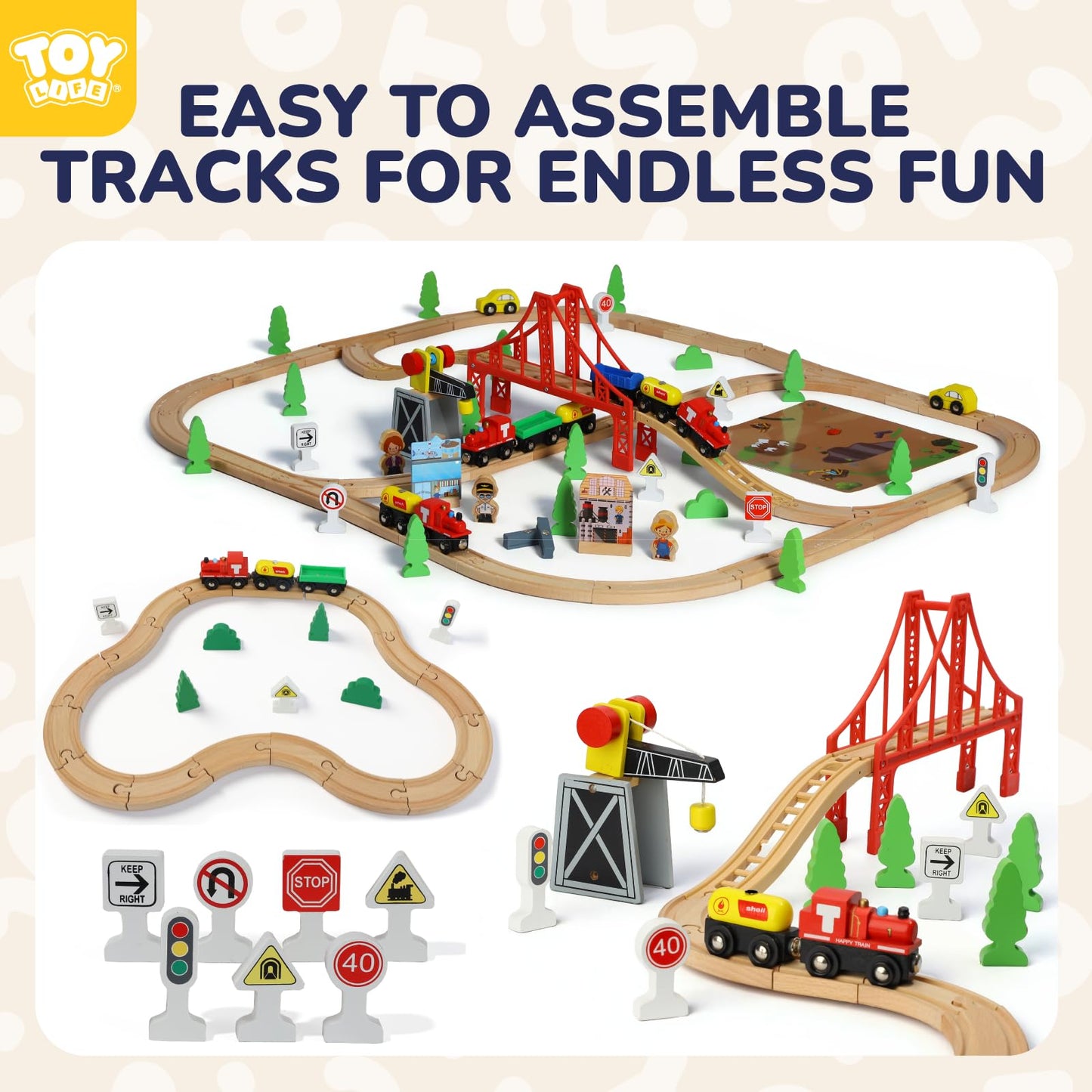 TOY Life Wooden Train Set 80pcs with Magnetic Crane – Compatible with Thomas & Brio