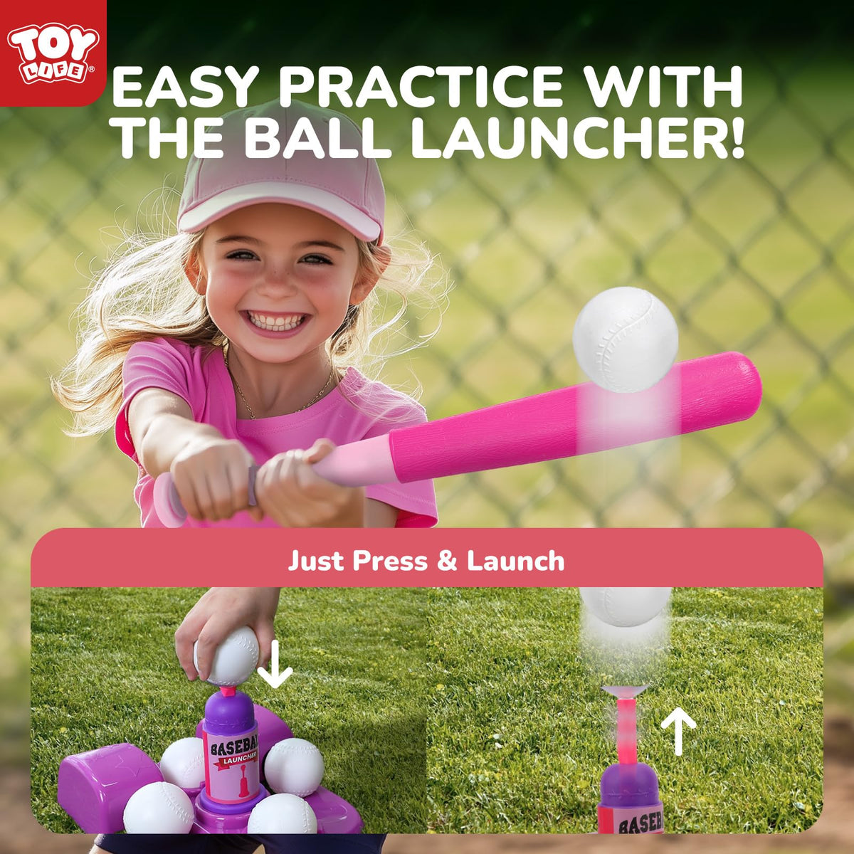 TOY Life T Ball Set for Kids 3-5 | Tee Ball with Launcher & 6 Balls - Pink