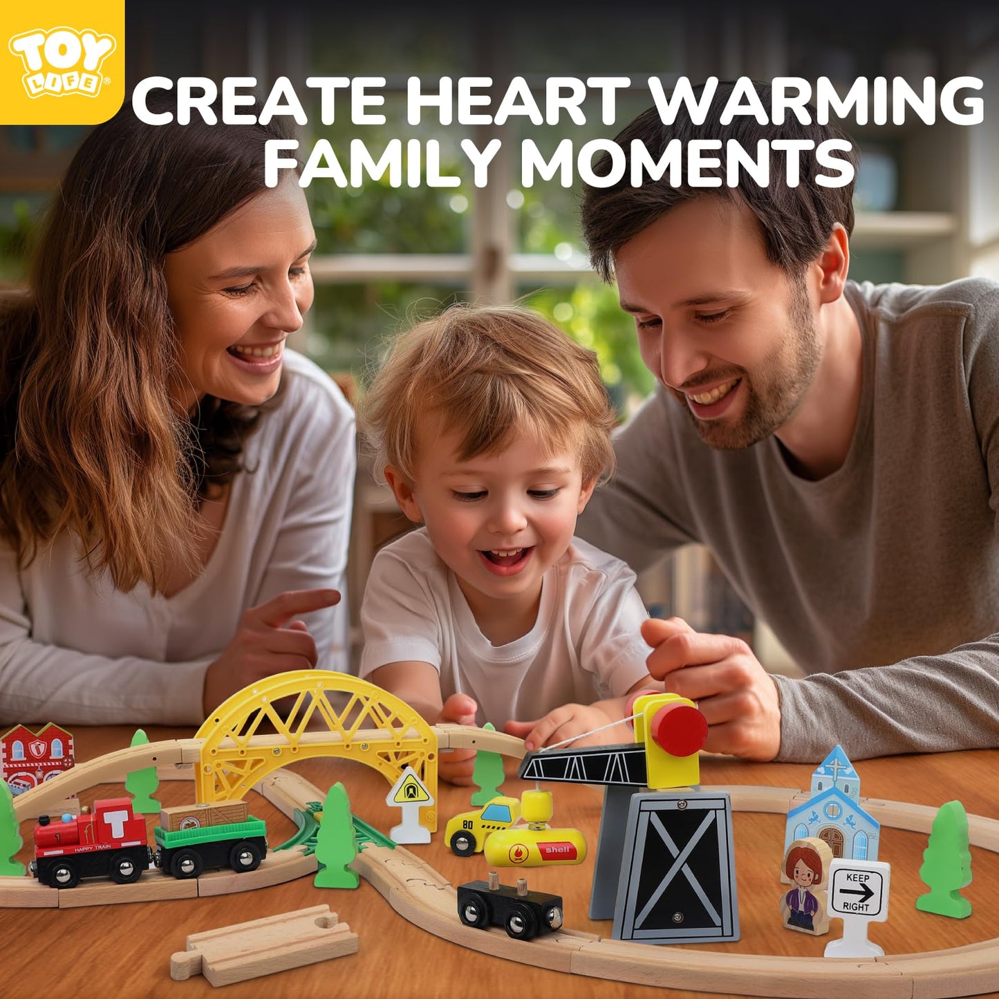 TOY Life Wooden Train Set 60pcs with Magnetic Crane – Compatible with Brio, Thomas & More