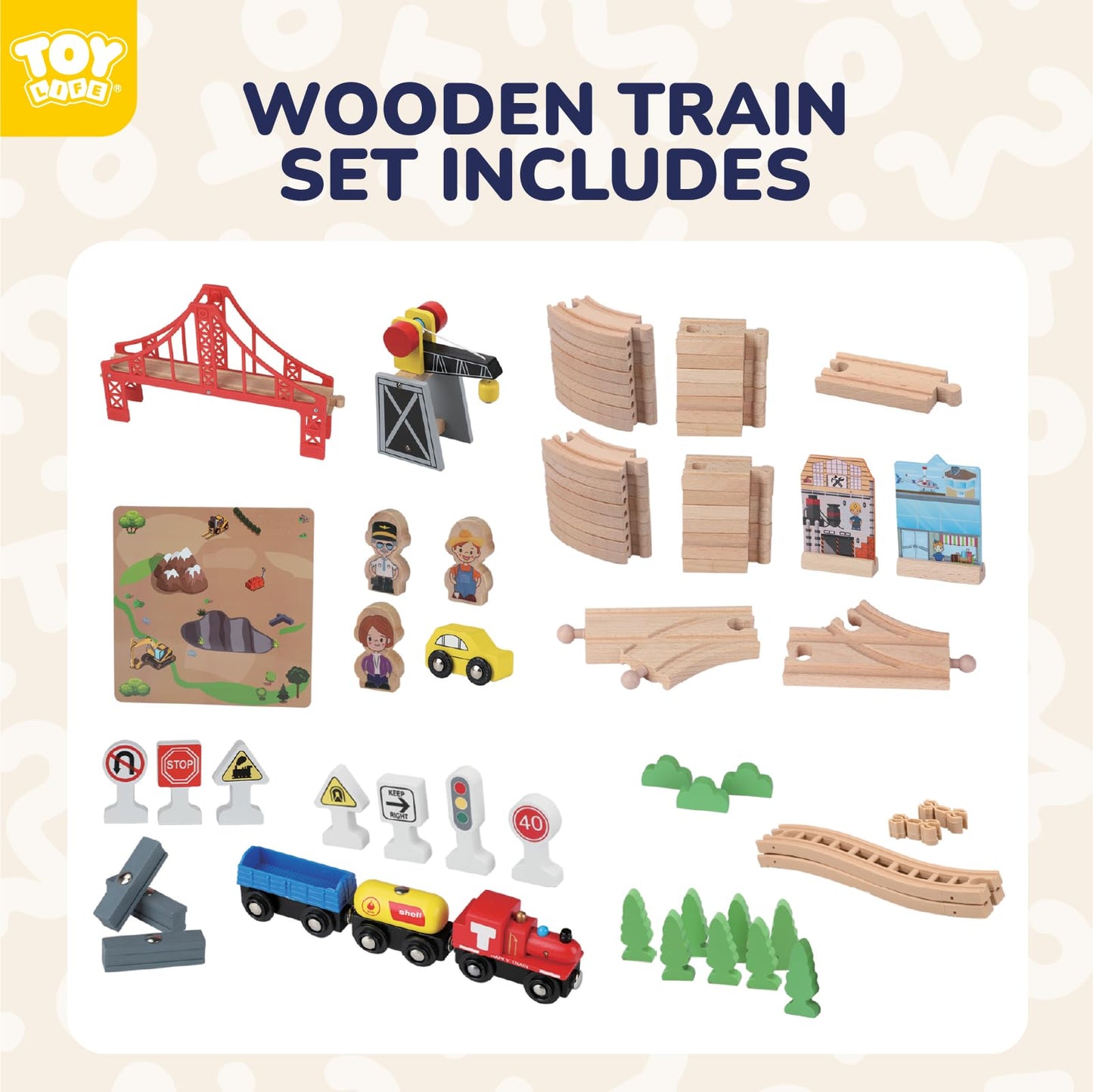 TOY Life Wooden Train Set 80pcs with Magnetic Crane – Compatible with Thomas & Brio
