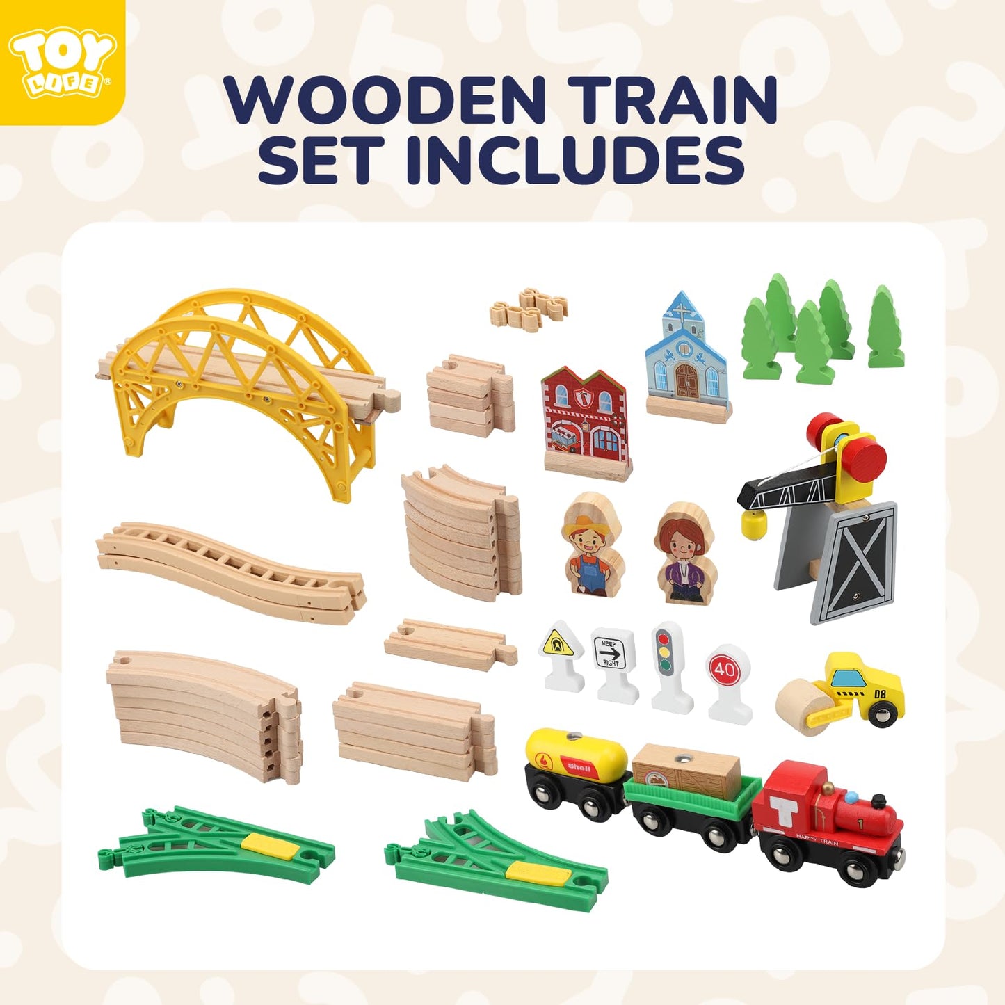 TOY Life Wooden Train Set 60pcs with Magnetic Crane – Compatible with Brio, Thomas & More