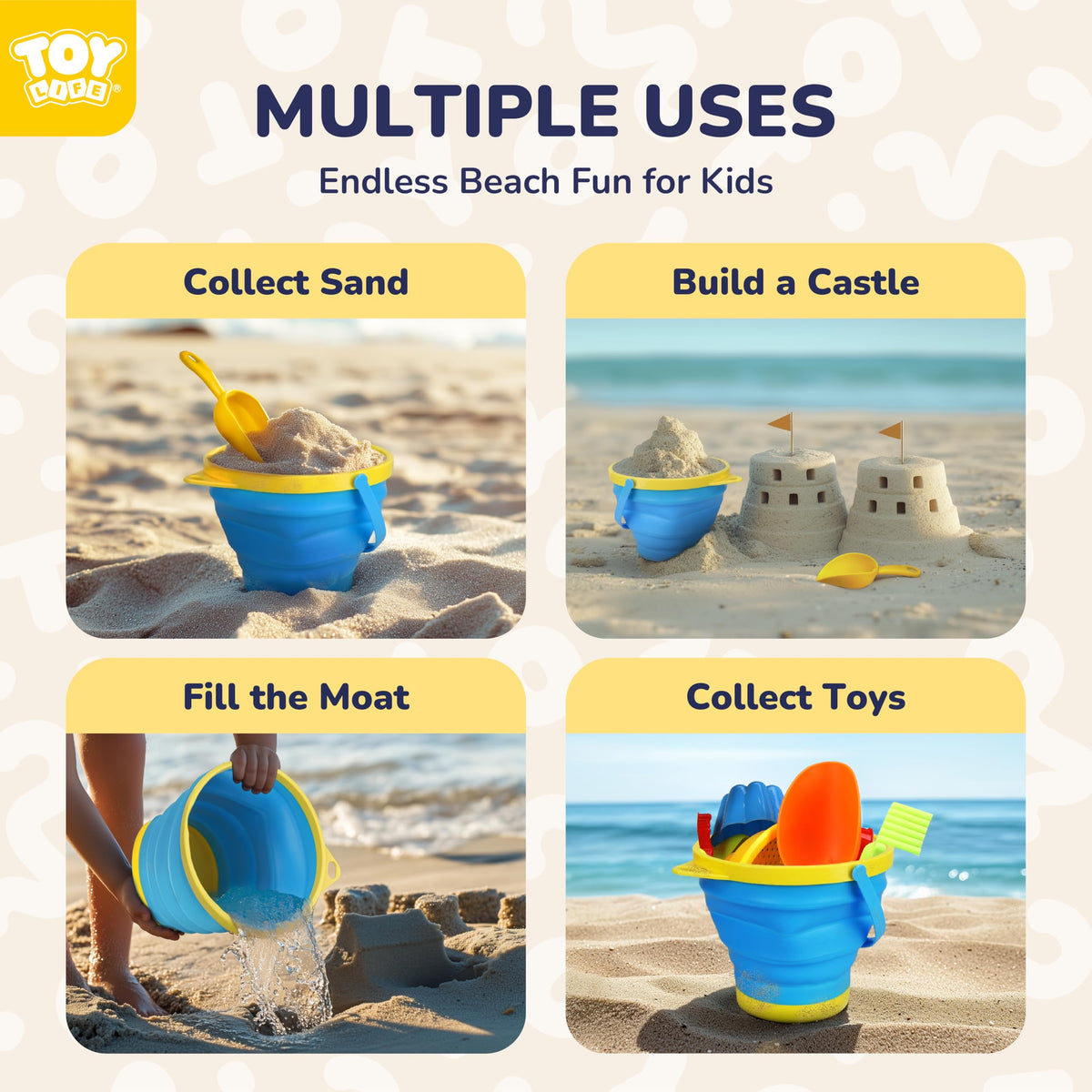 TOY Life Collapsible Beach Bucket Set – 3 Silicone Buckets, Shovels & Shell Bags