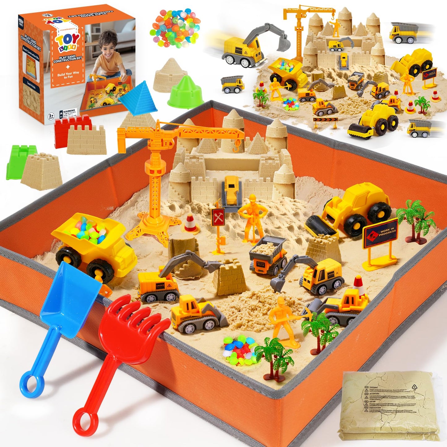 TOY Life 38 Pcs Sand Construction Kit with Foldable Sandbox, 2.2 lbs Magic Sand, Trucks & Castle Molds