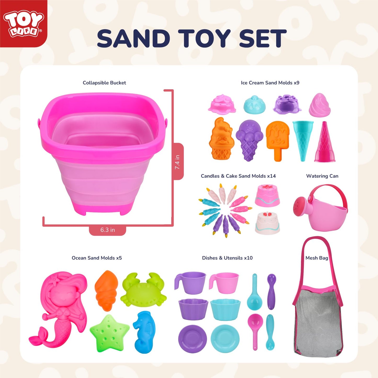 TOY Life 41 Pcs Beach Toy Set – Collapsible Buckets, Sand Molds & Shovels for Kids 4-8