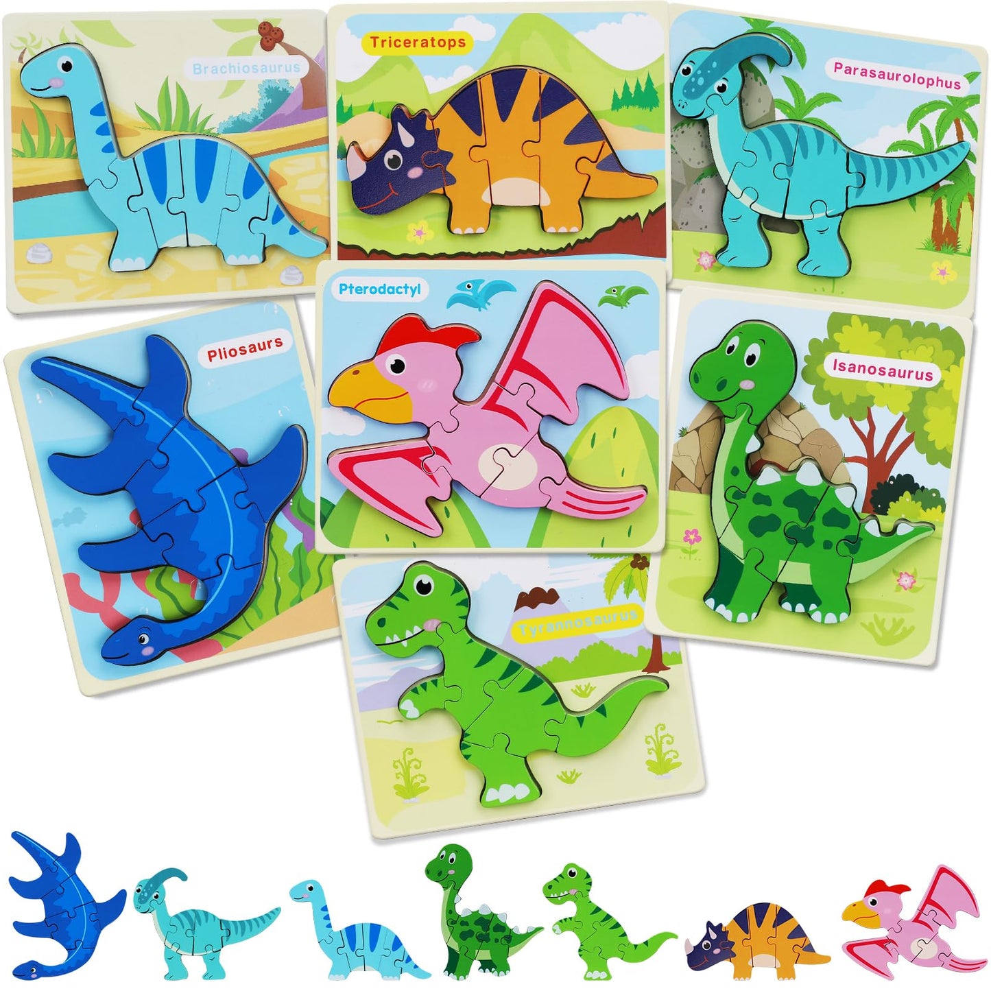 TOY Life 7-Piece Dinosaur Wooden Puzzles for Toddlers | Ages 2-5 | Educational Toys