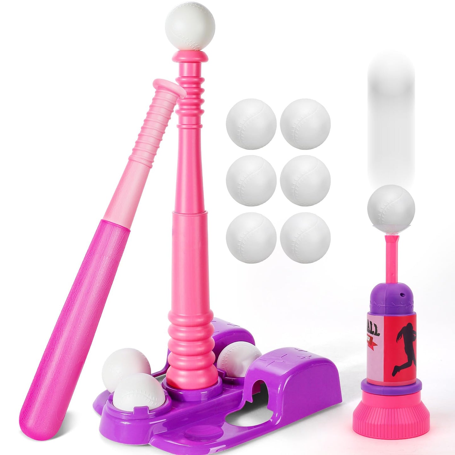 TOY Life T Ball Set for Kids 3-5 | Tee Ball with Launcher & 6 Balls - Pink
