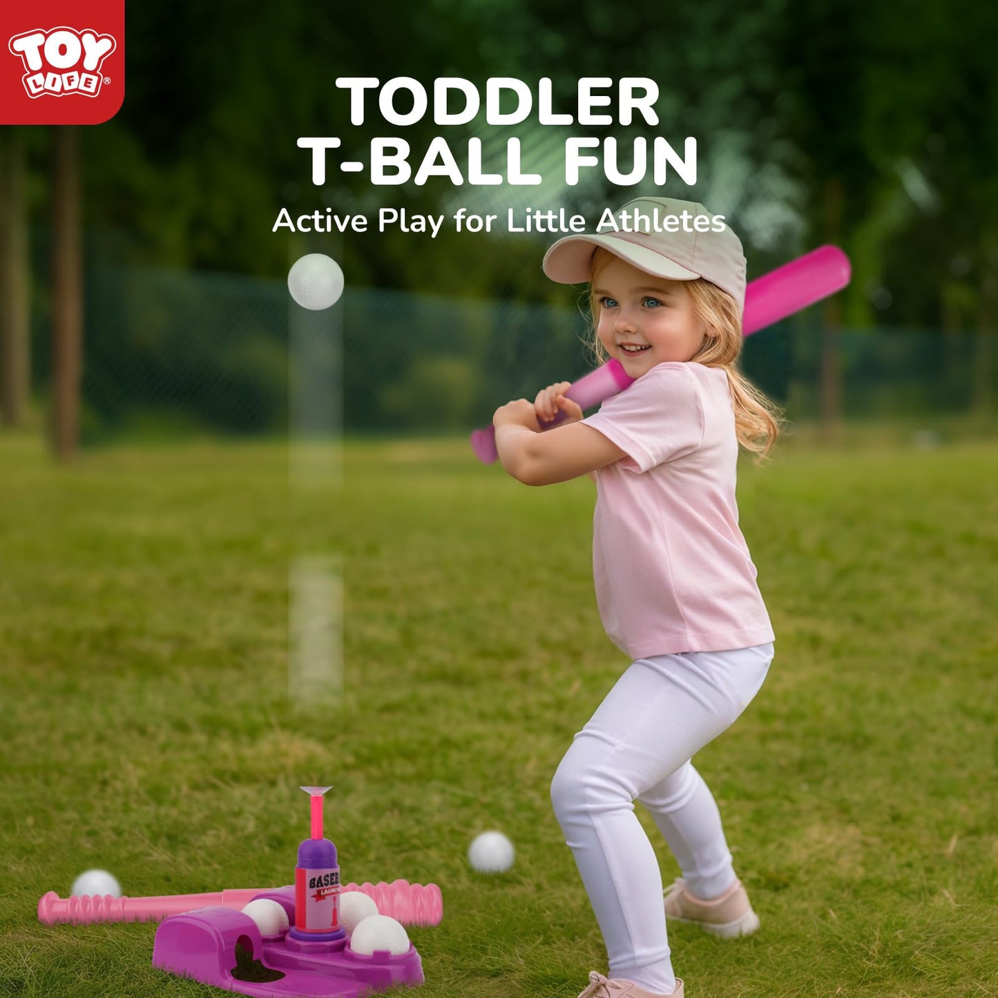 TOY Life T Ball Set for Kids 3-5 | Tee Ball with Launcher & 6 Balls - Pink