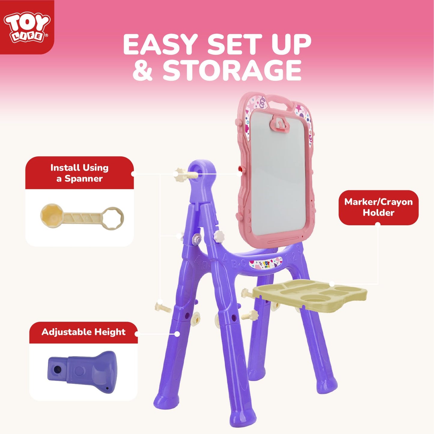TOY Life Toddler Easel Pink - Double-Sided Magnetic Chalkboard & Dry-Erase Board
