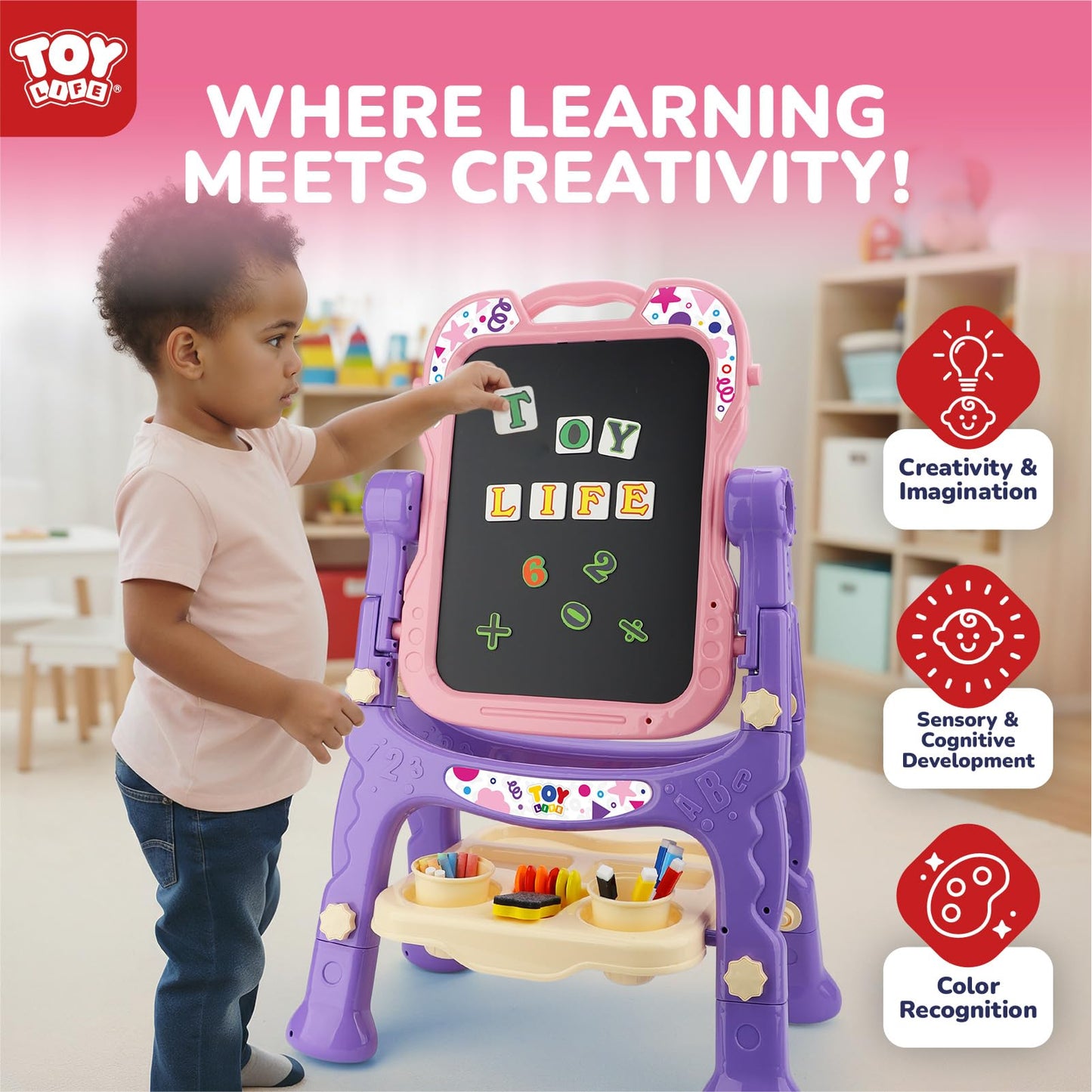 TOY Life Toddler Easel Pink - Double-Sided Magnetic Chalkboard & Dry-Erase Board