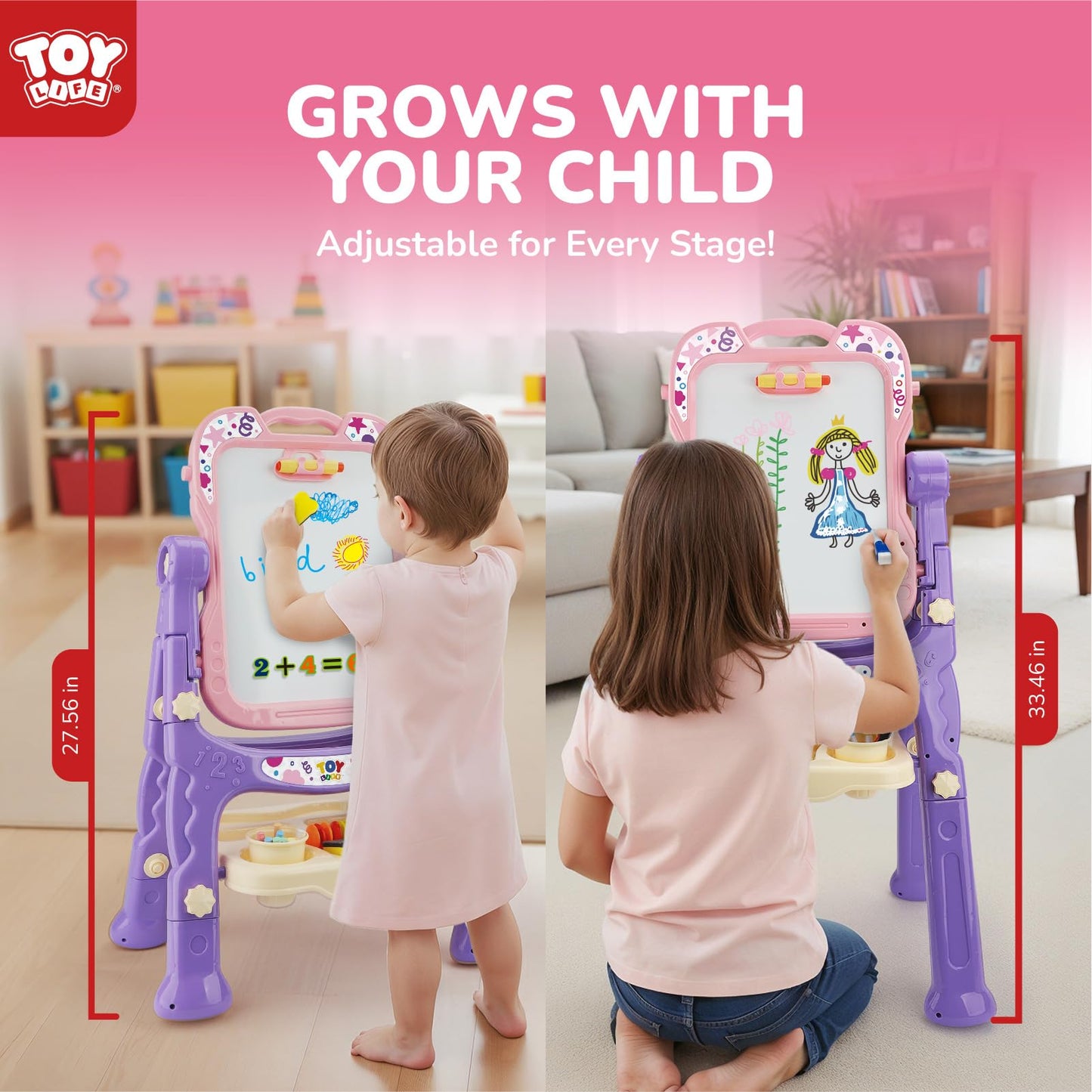 TOY Life Toddler Easel Pink - Double-Sided Magnetic Chalkboard & Dry-Erase Board
