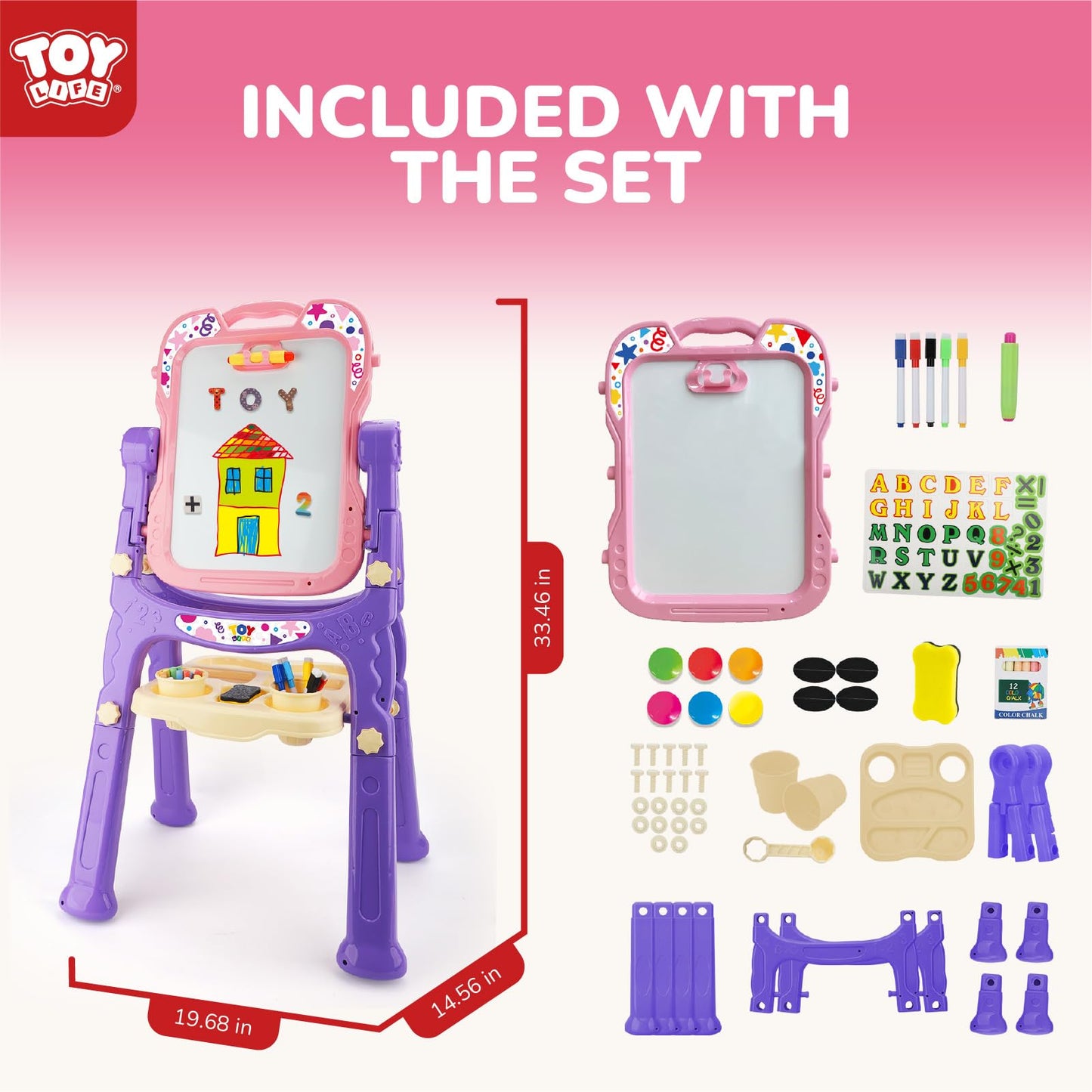 TOY Life Toddler Easel Pink - Double-Sided Magnetic Chalkboard & Dry-Erase Board