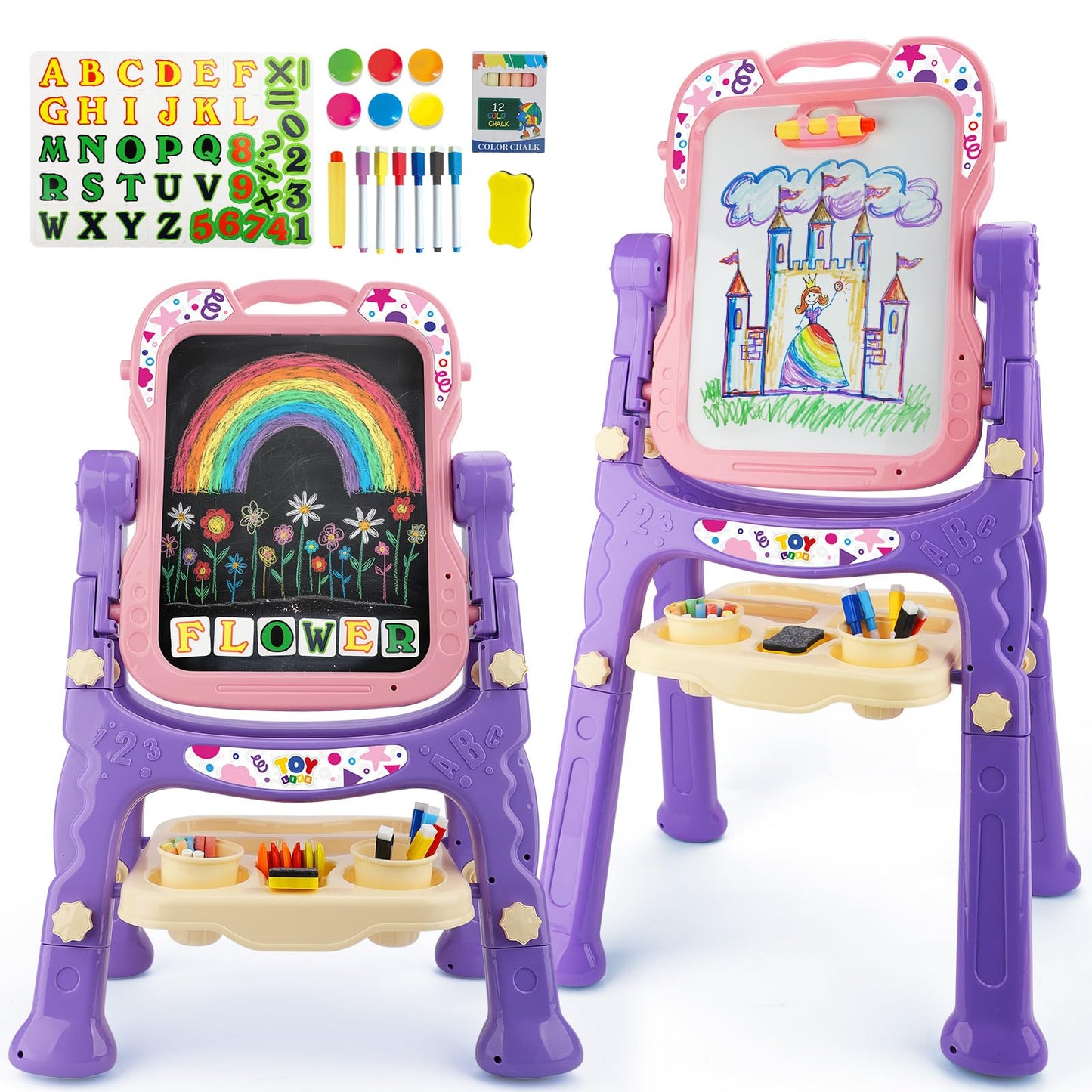 TOY Life Toddler Easel Pink - Double-Sided Magnetic Chalkboard & Dry-Erase Board