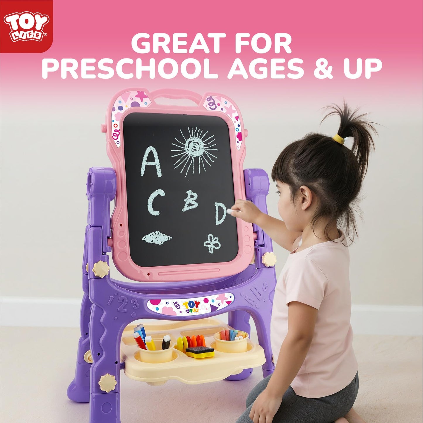 TOY Life Toddler Easel Pink - Double-Sided Magnetic Chalkboard & Dry-Erase Board