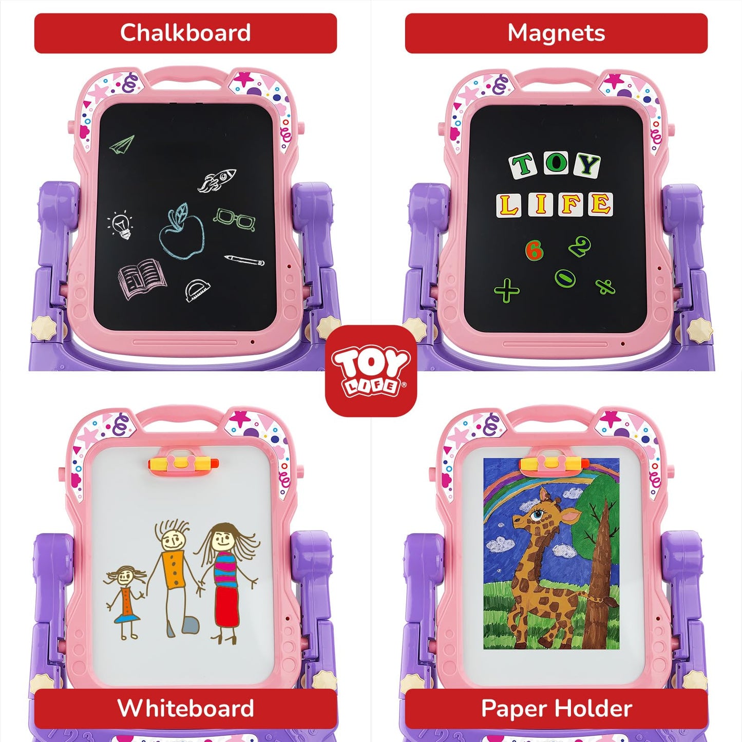 TOY Life Toddler Easel Pink - Double-Sided Magnetic Chalkboard & Dry-Erase Board