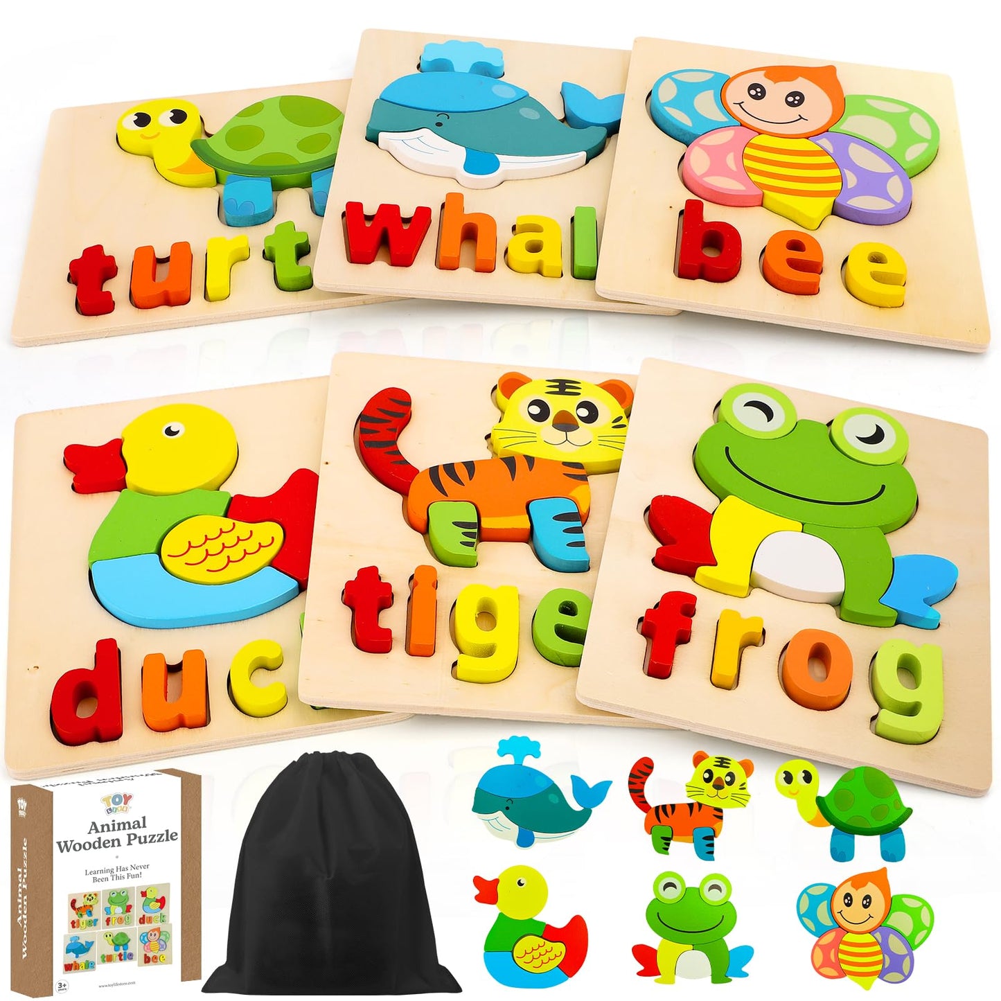 TOY Life Toddler Puzzles — 6 Animal Alphabet Wooden Jigsaw for Ages 1–5