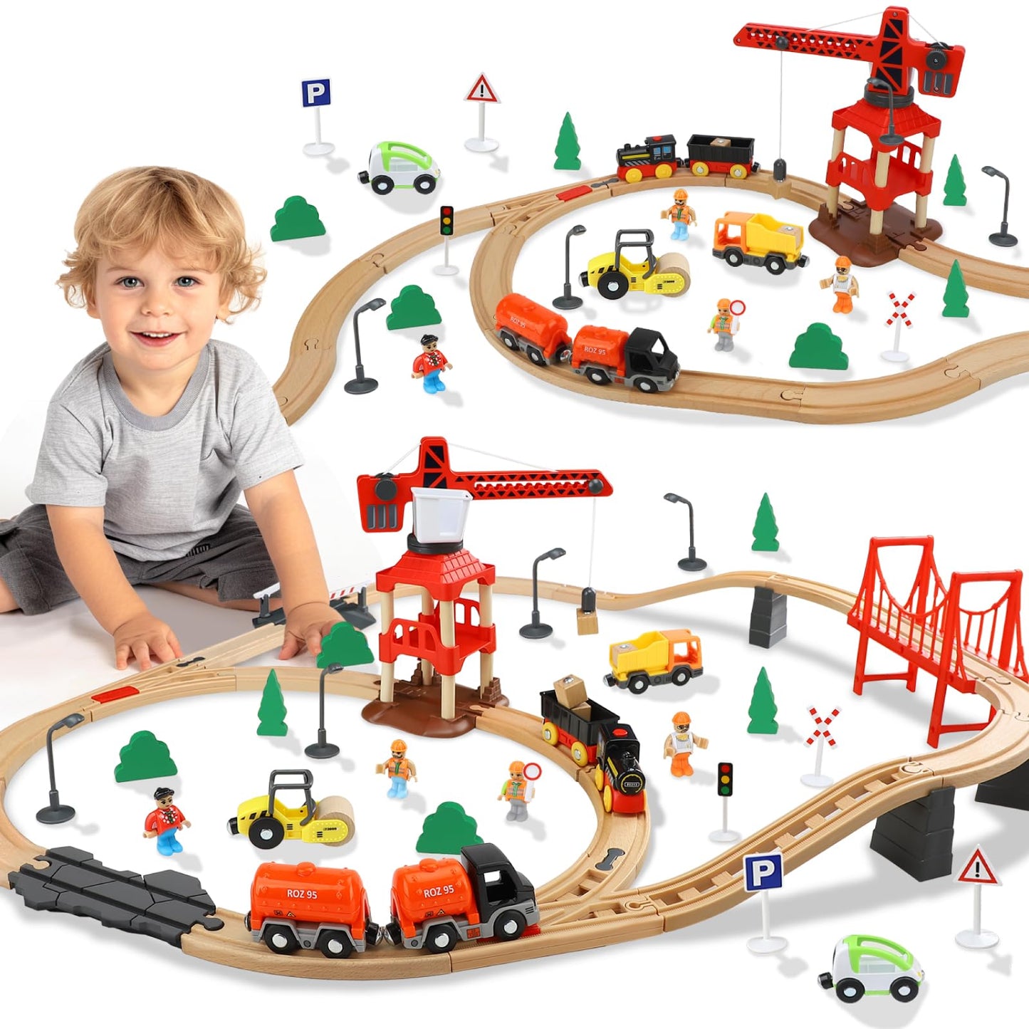 TOY Life Train Set 81pcs with Crane & Locomotive – Wooden Tracks for Toddlers 3-8