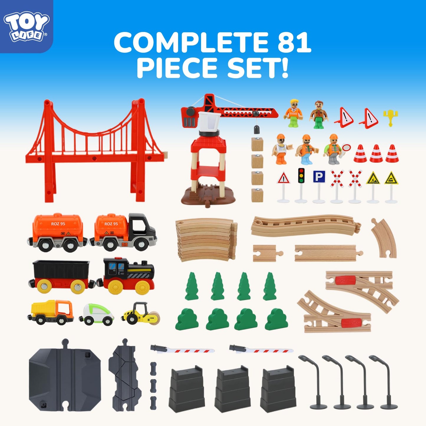 TOY Life Train Set 81pcs with Crane & Locomotive – Wooden Tracks for Toddlers 3-8