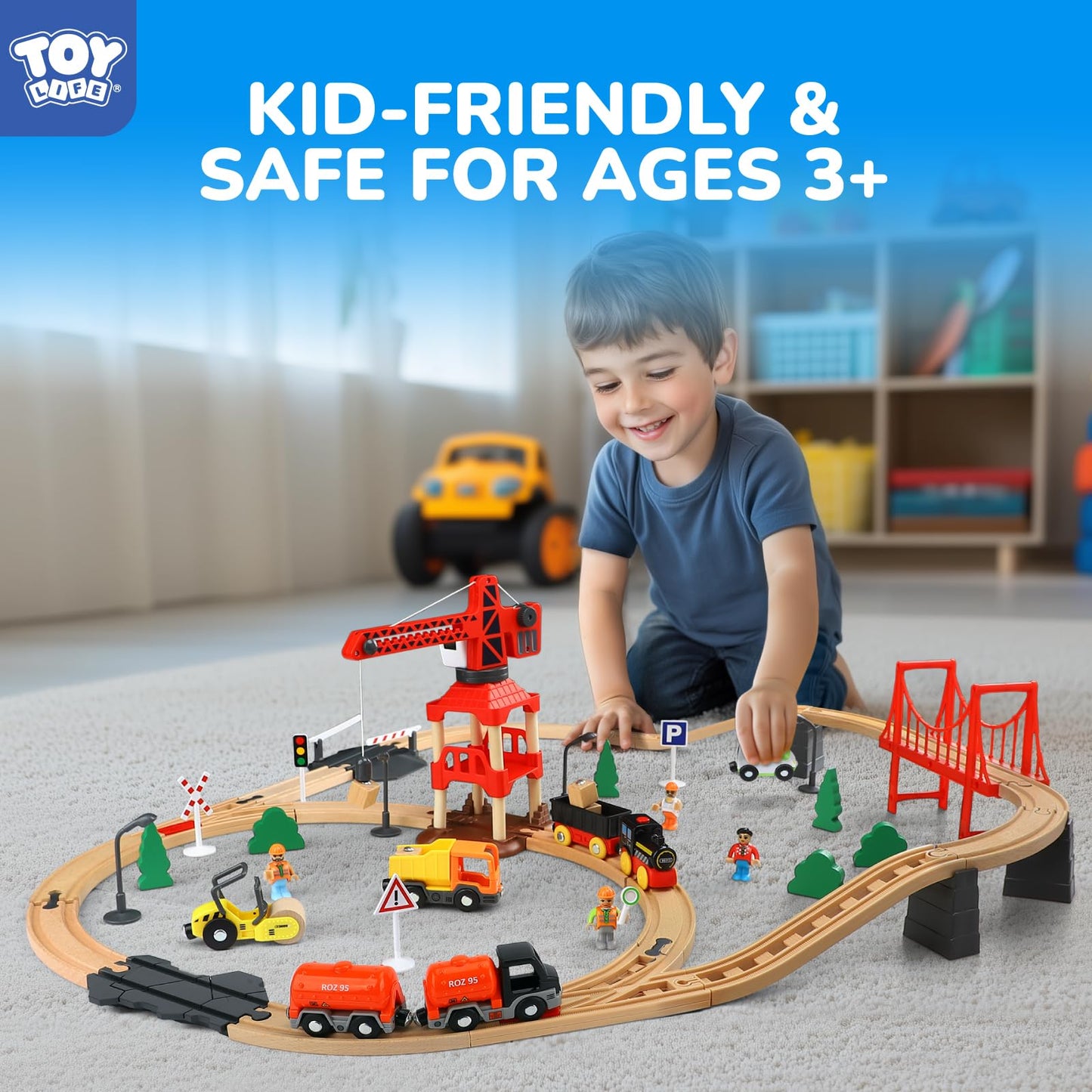 TOY Life Train Set 81pcs with Crane & Locomotive – Wooden Tracks for Toddlers 3-8