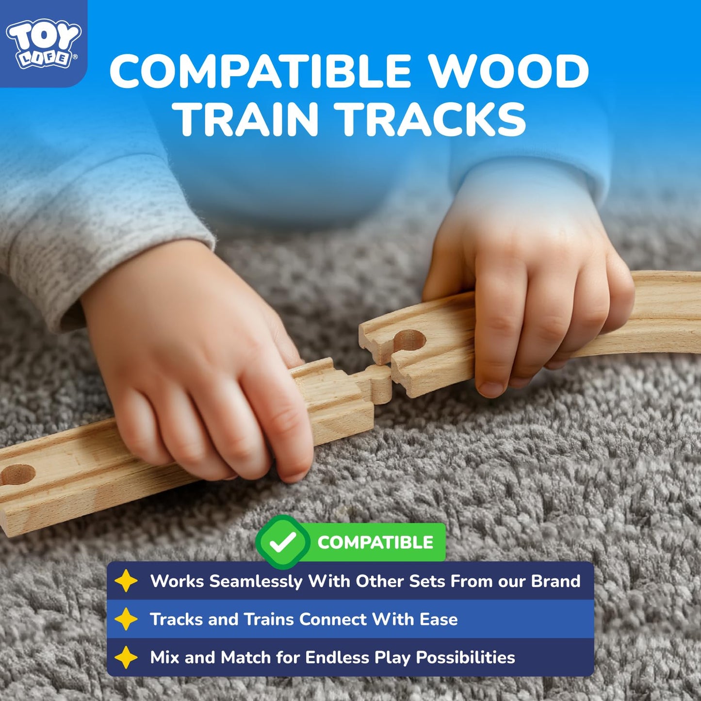 TOY Life Train Set 81pcs with Crane & Locomotive – Wooden Tracks for Toddlers 3-8