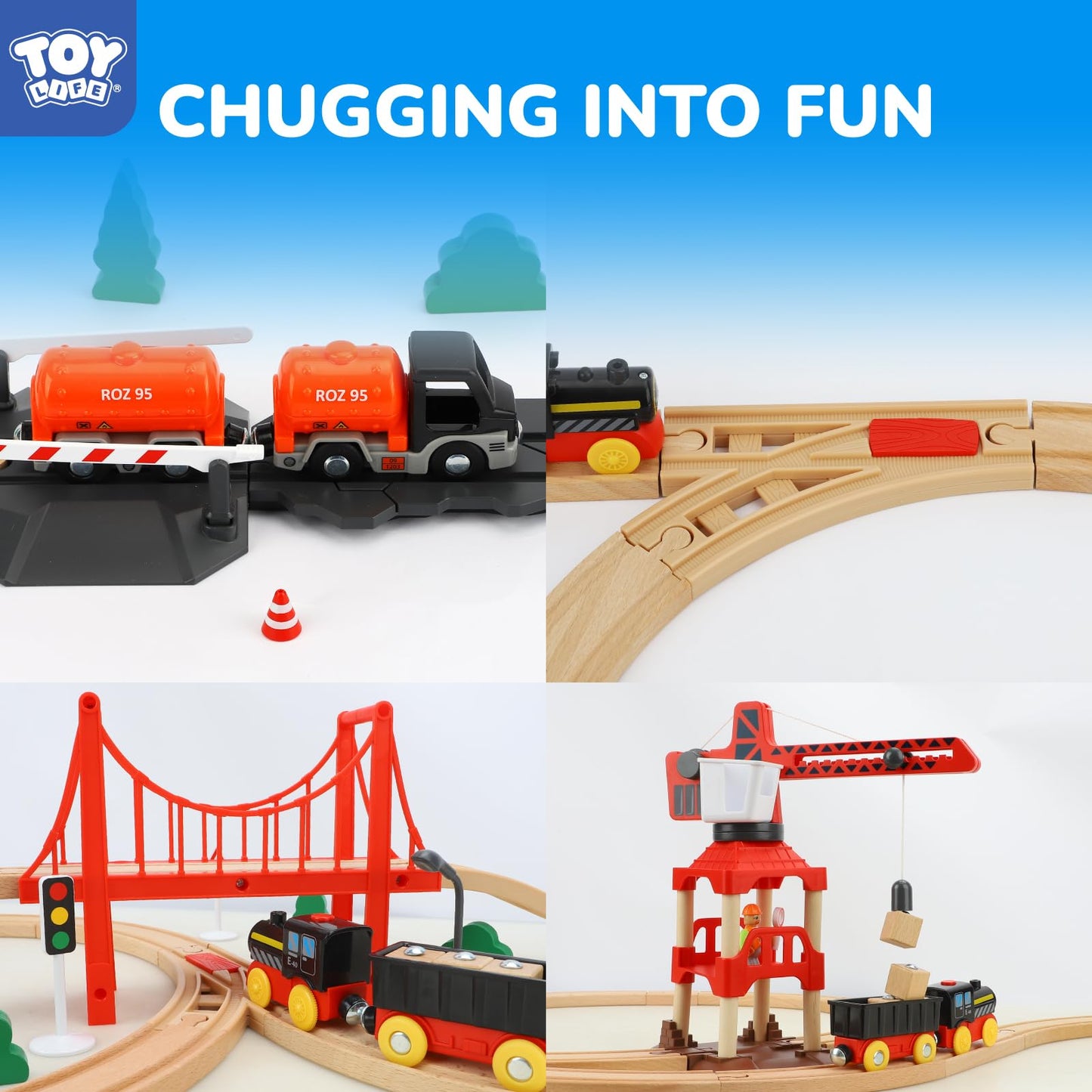 TOY Life Train Set 81pcs with Crane & Locomotive – Wooden Tracks for Toddlers 3-8