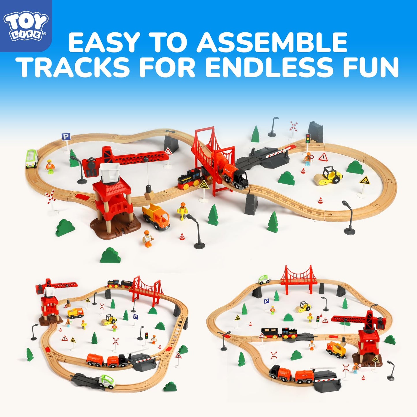 TOY Life Train Set 81pcs with Crane & Locomotive – Wooden Tracks for Toddlers 3-8